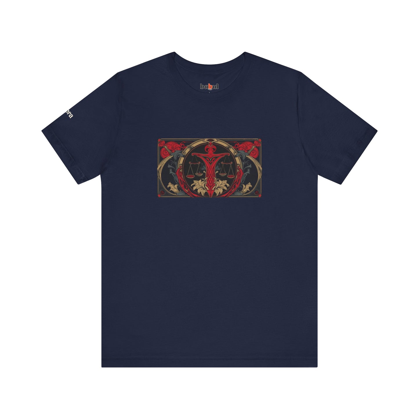 Libra - Gothic Zodiac T-Shirt. Red graphic in front. Zodiac in the Shadows