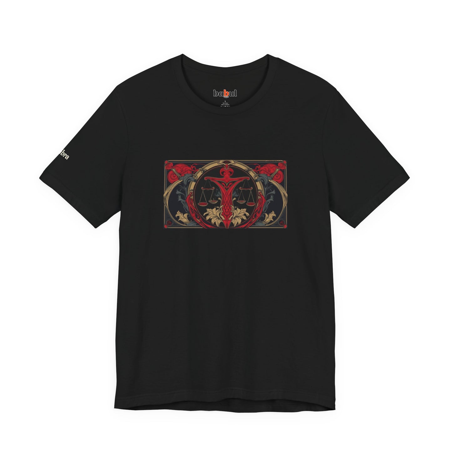 Libra - Gothic Zodiac T-Shirt. Red graphic in front. Zodiac in the Shadows