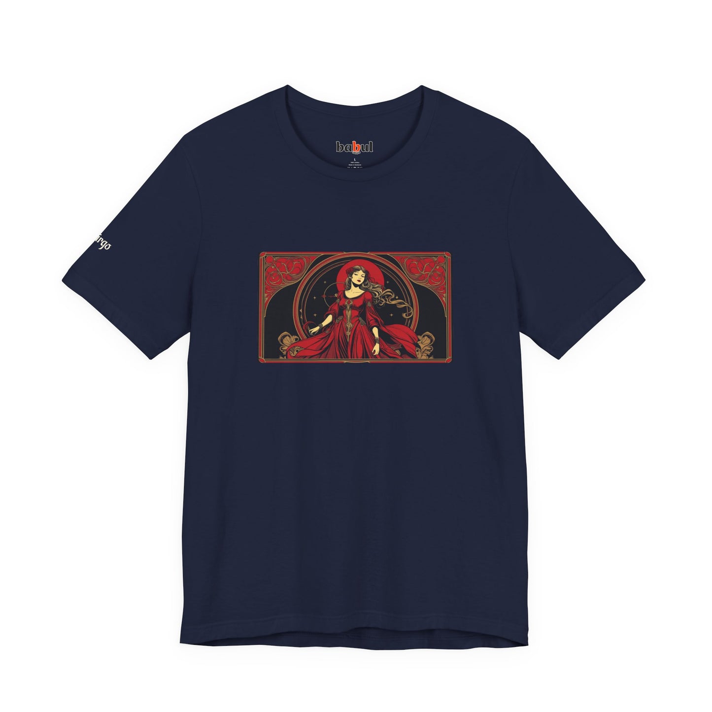 Virgo - Gothic Zodiac T-Shirt. Red graphic in front. Zodiac in the Shadows