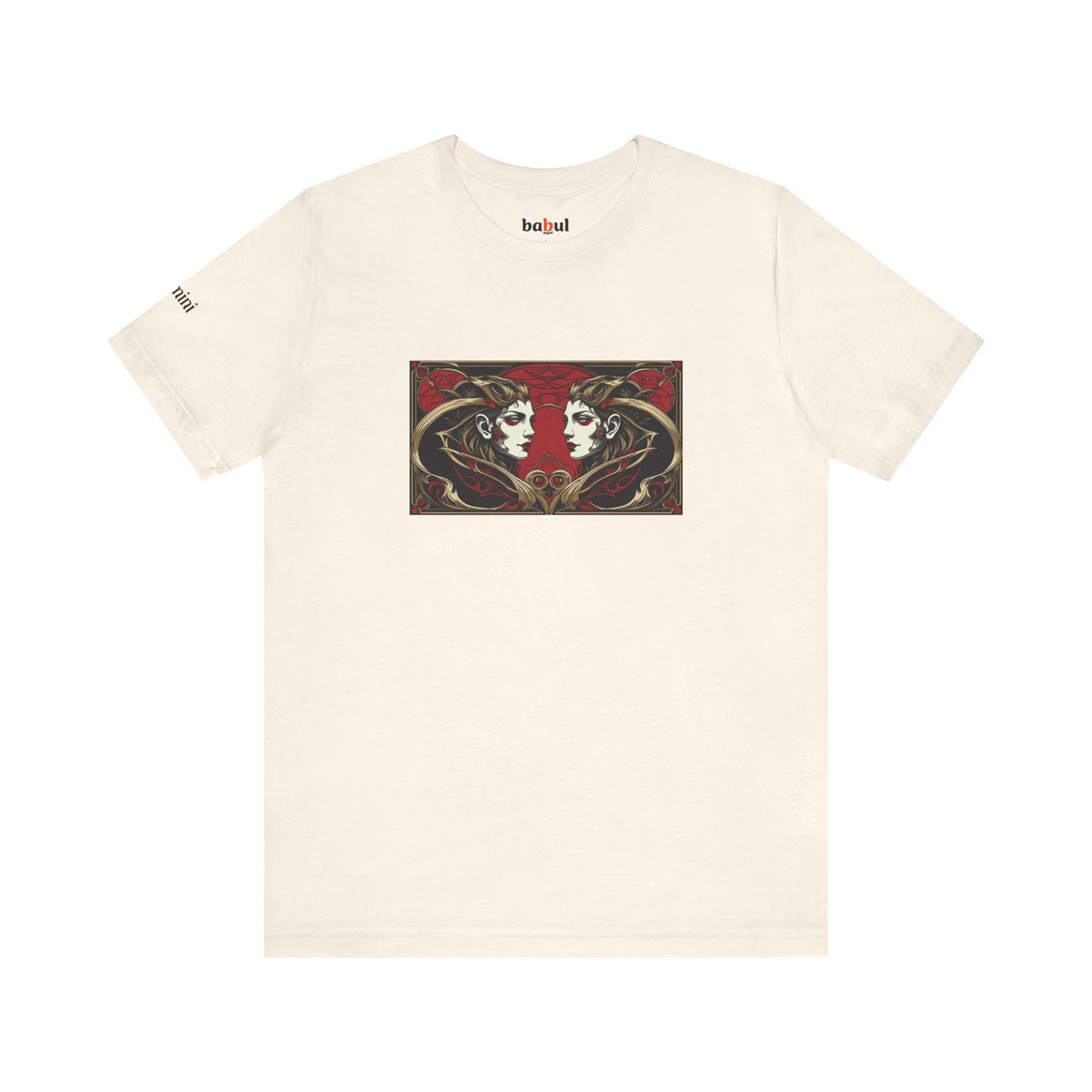 Gemini - Gothic Zodiac T-Shirt. Red graphic in front. Zodiac in the Shadows