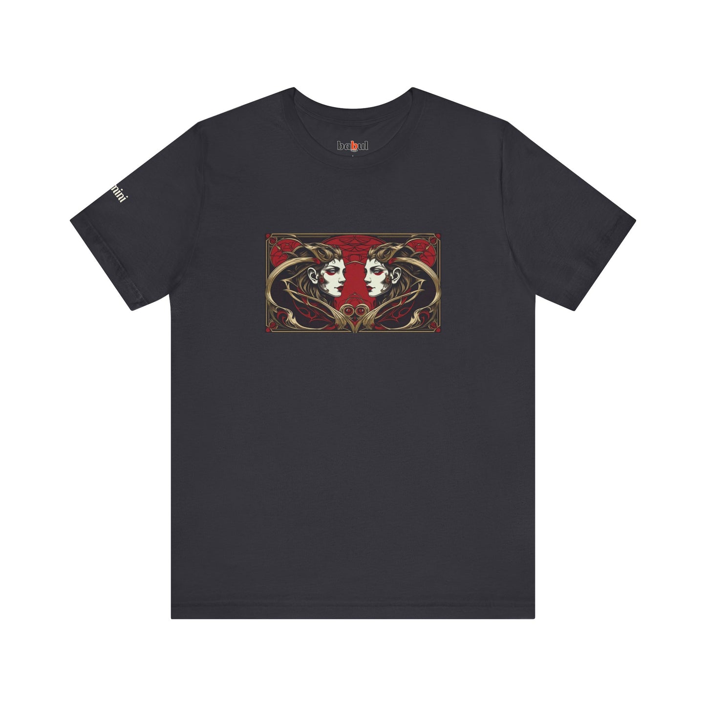 Gemini - Gothic Zodiac T-Shirt. Red graphic in front. Zodiac in the Shadows