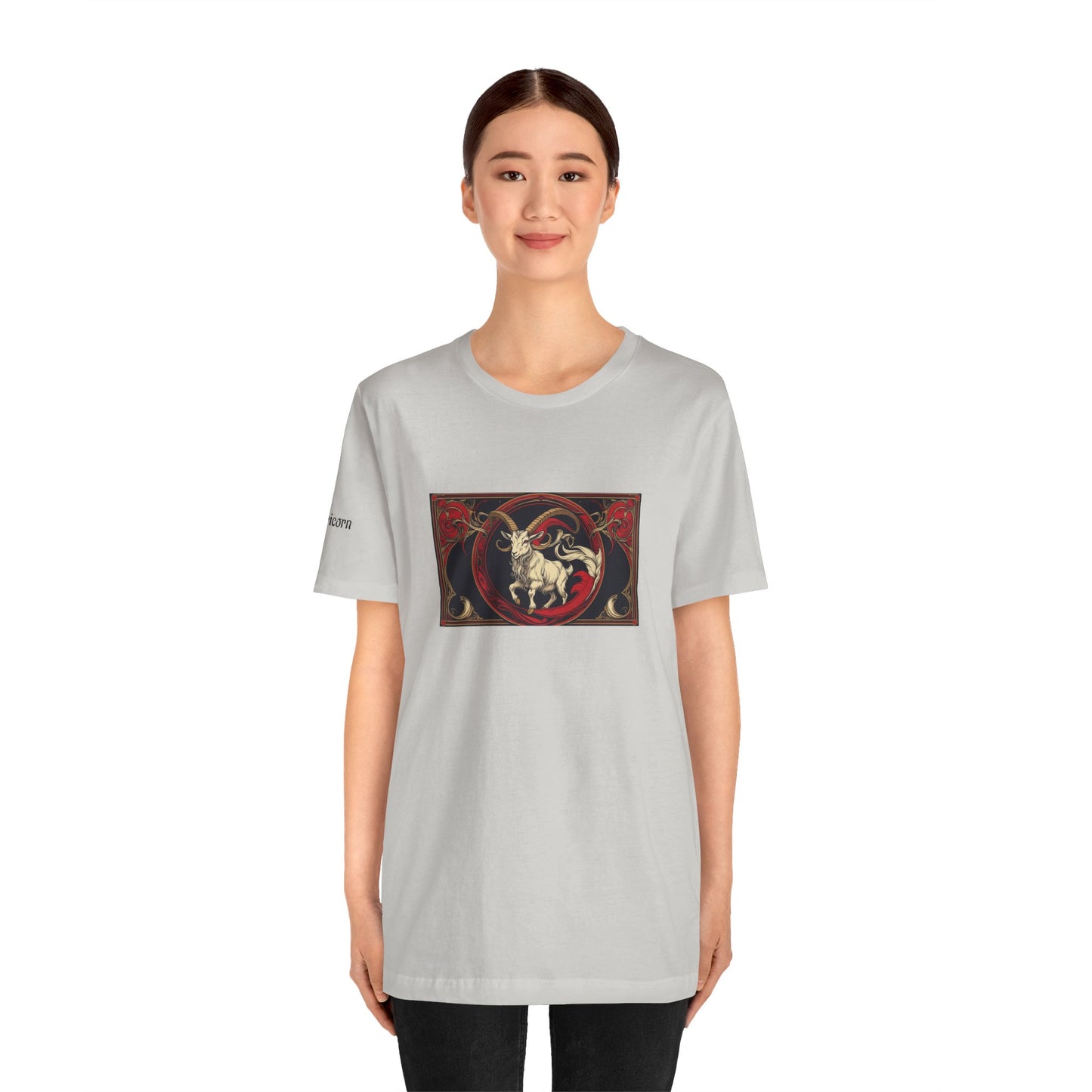 Capricorn - Gothic Zodiac T-Shirt. Red graphic in front. Zodiac in the Shadows
