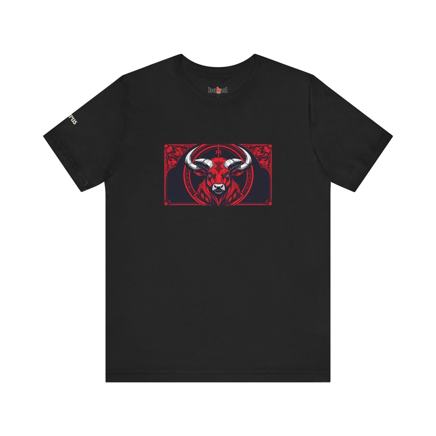 Taurus - Gothic Zodiac T-Shirt. Red graphic in front. Zodiac in the Shadows