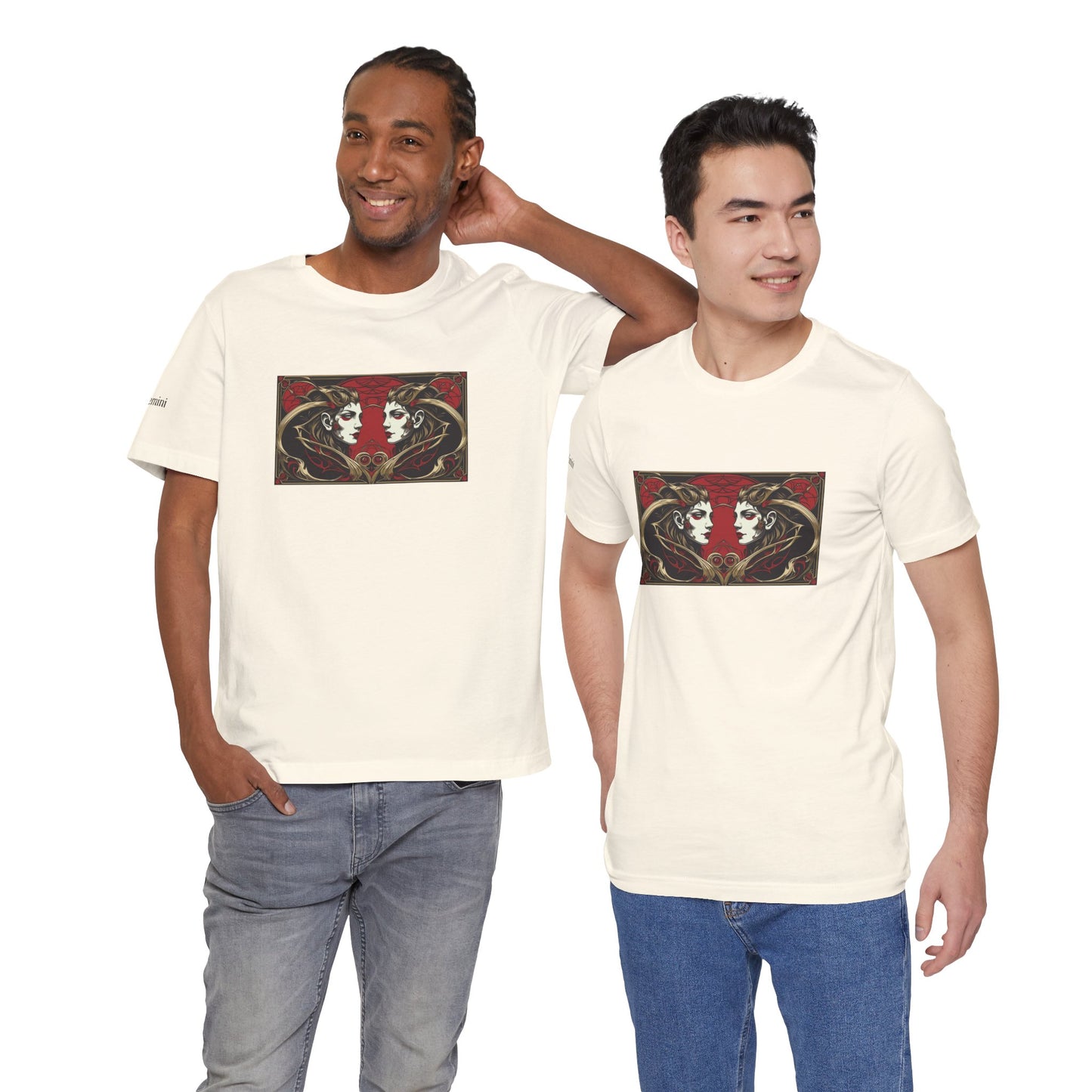 Gemini - Gothic Zodiac T-Shirt. Red graphic in front. Zodiac in the Shadows