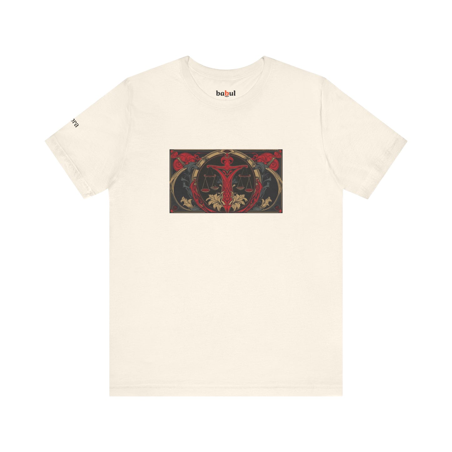 Libra - Gothic Zodiac T-Shirt. Red graphic in front. Zodiac in the Shadows