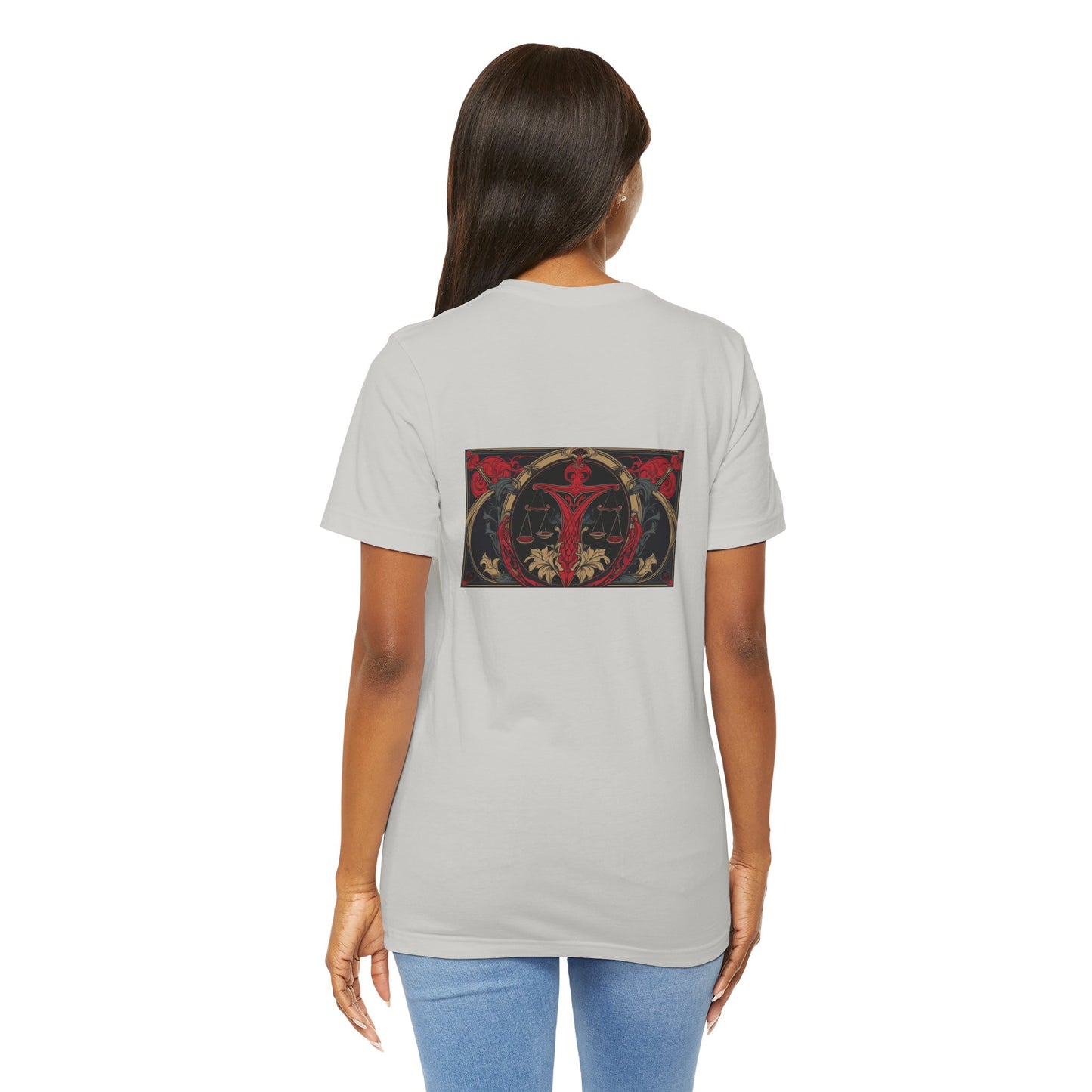 Libra - Gothic Zodiac, Red Graphic on the back T-Shirt. Zodiac in the Shadows