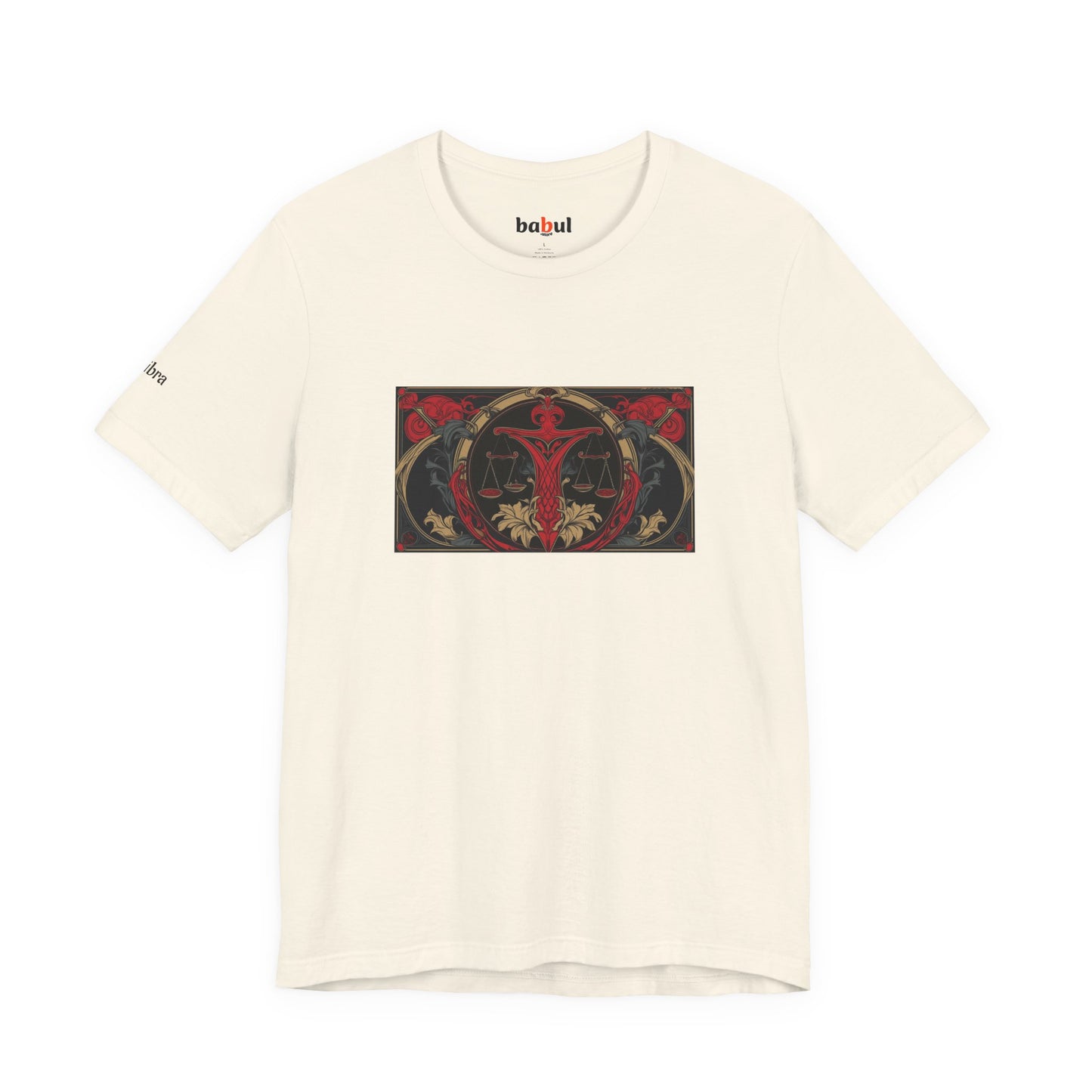 Libra - Gothic Zodiac T-Shirt. Red graphic in front. Zodiac in the Shadows