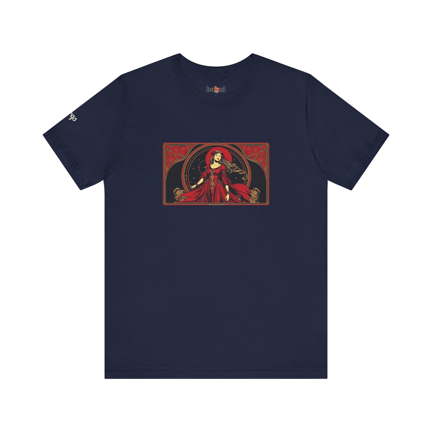 Virgo - Gothic Zodiac T-Shirt. Red graphic in front. Zodiac in the Shadows