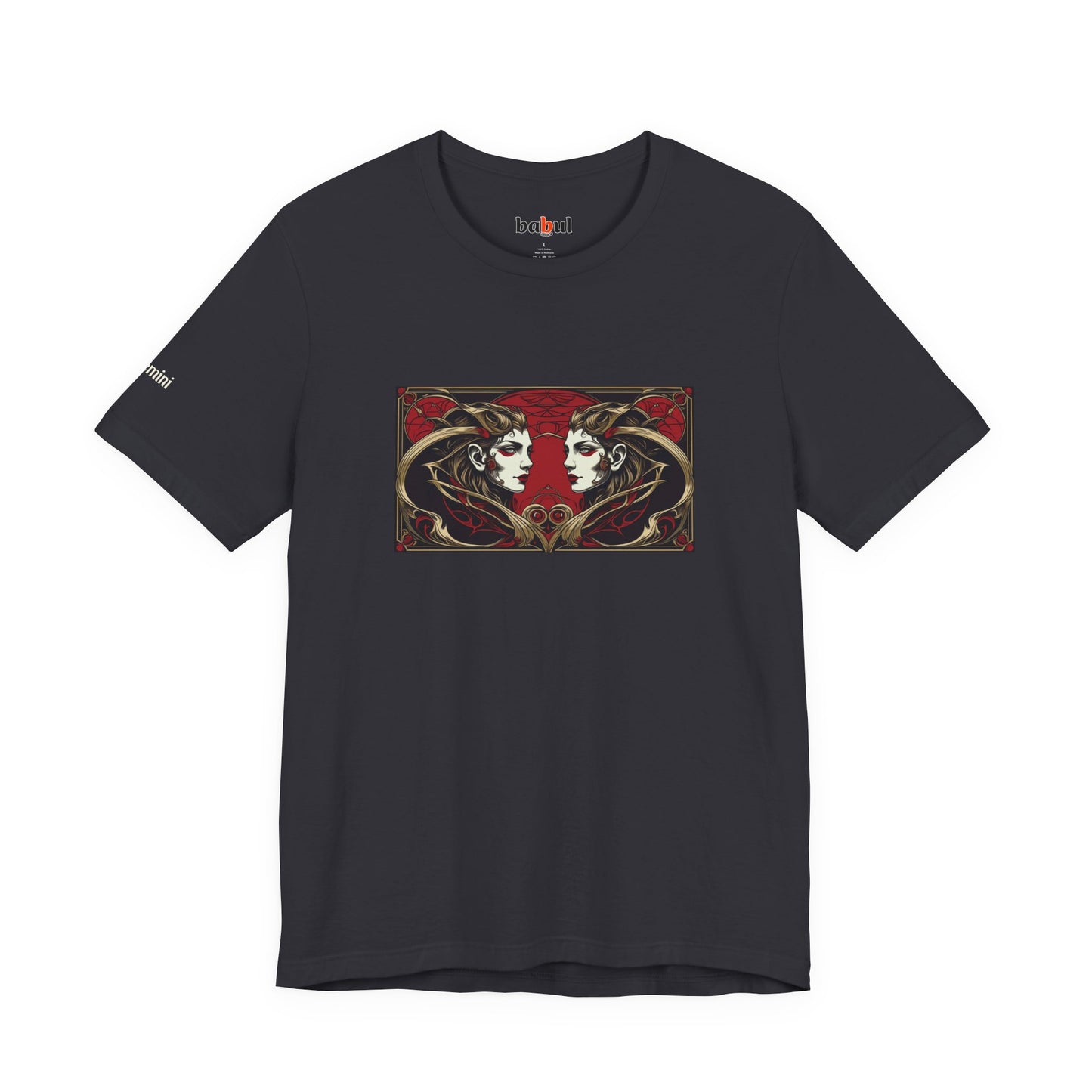 Gemini - Gothic Zodiac T-Shirt. Red graphic in front. Zodiac in the Shadows