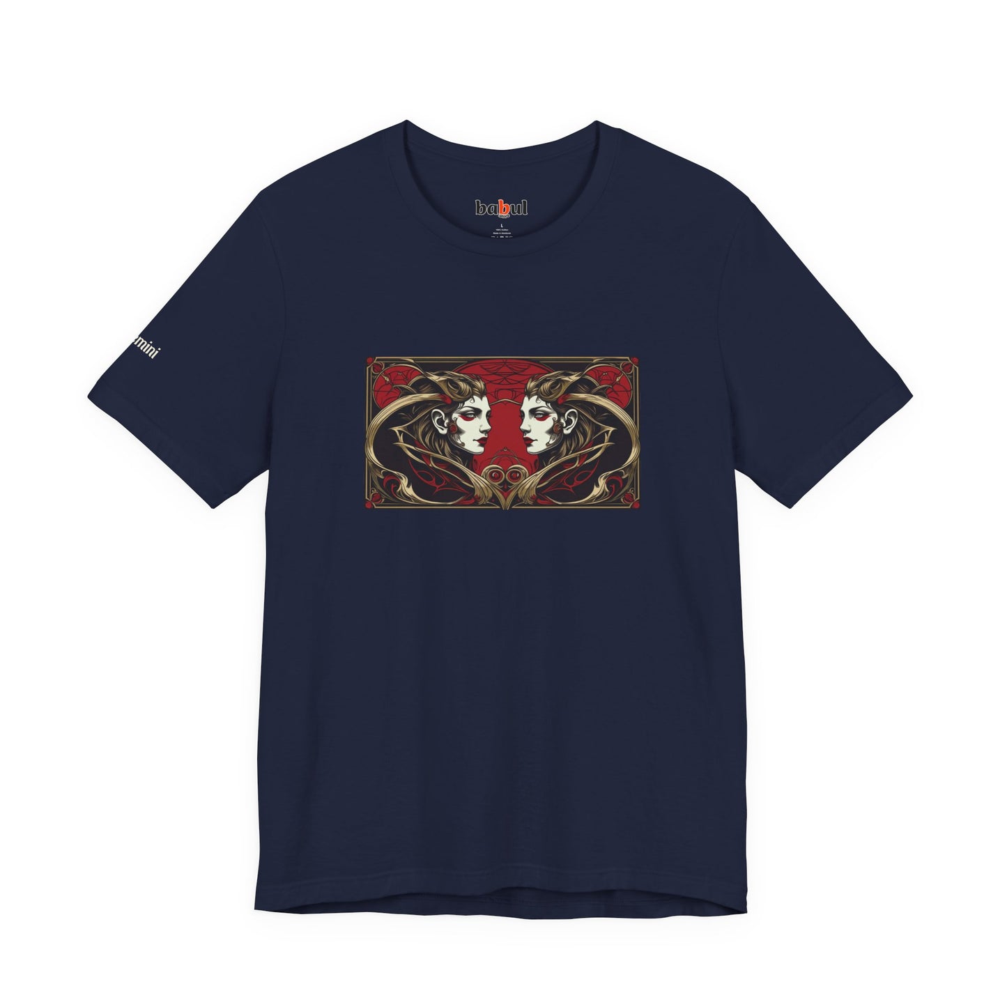 Gemini - Gothic Zodiac T-Shirt. Red graphic in front. Zodiac in the Shadows