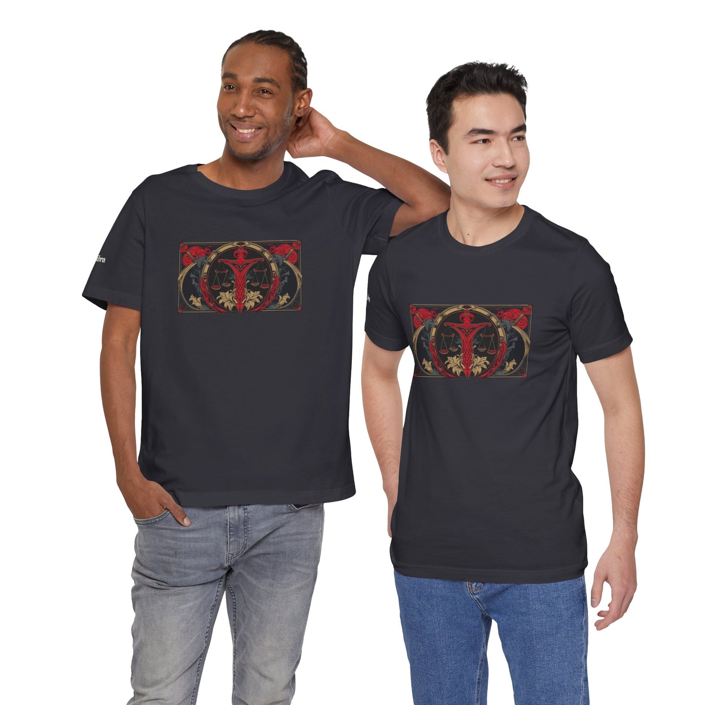 Libra - Gothic Zodiac T-Shirt. Red graphic in front. Zodiac in the Shadows