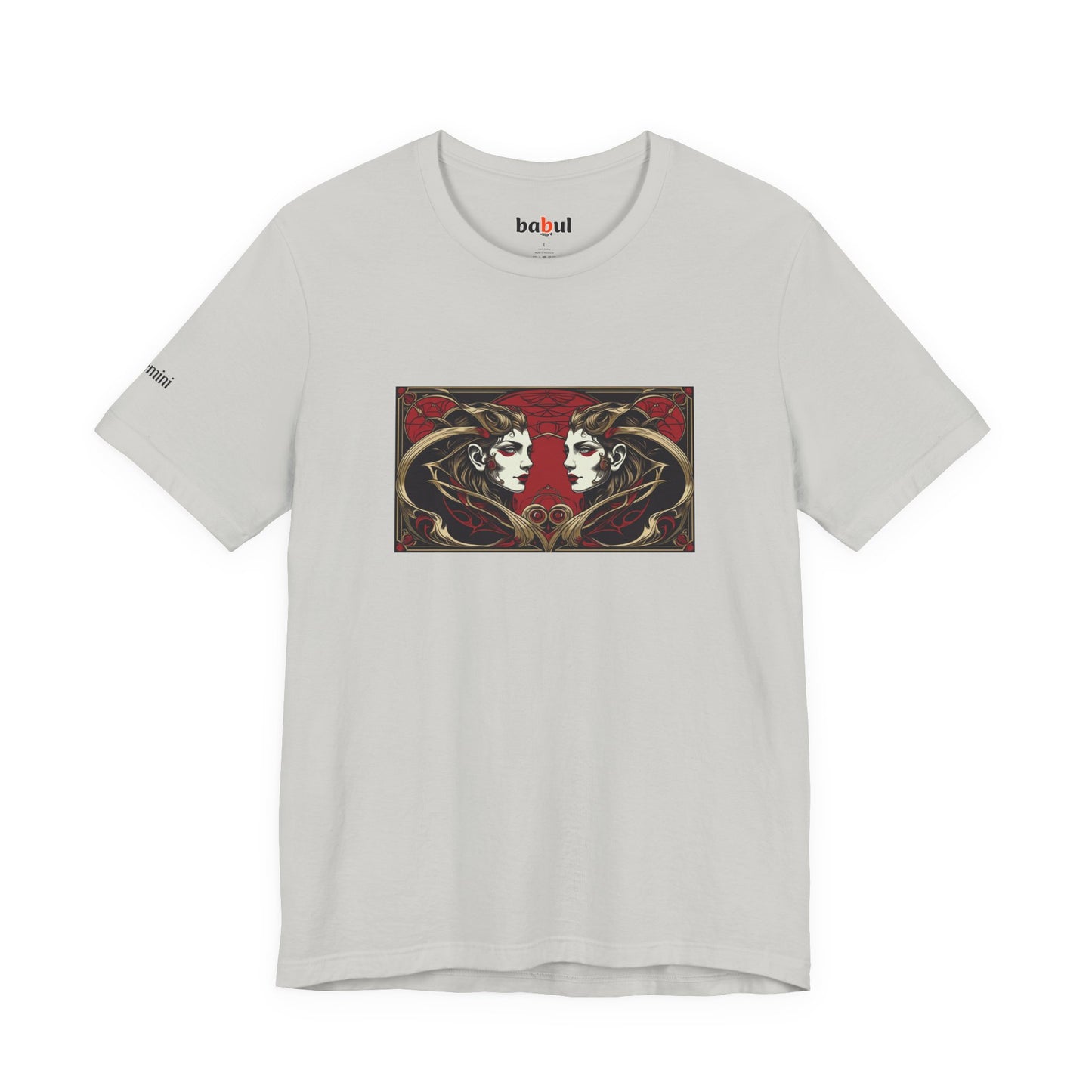 Gemini - Gothic Zodiac T-Shirt. Red graphic in front. Zodiac in the Shadows