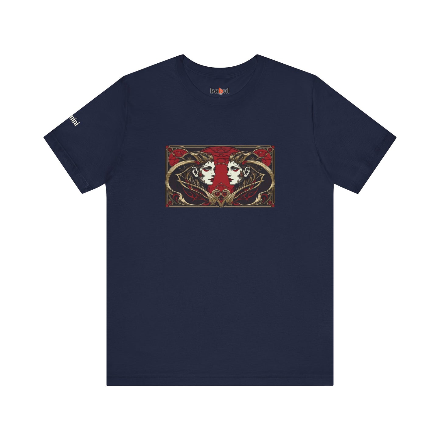 Gemini - Gothic Zodiac T-Shirt. Red graphic in front. Zodiac in the Shadows