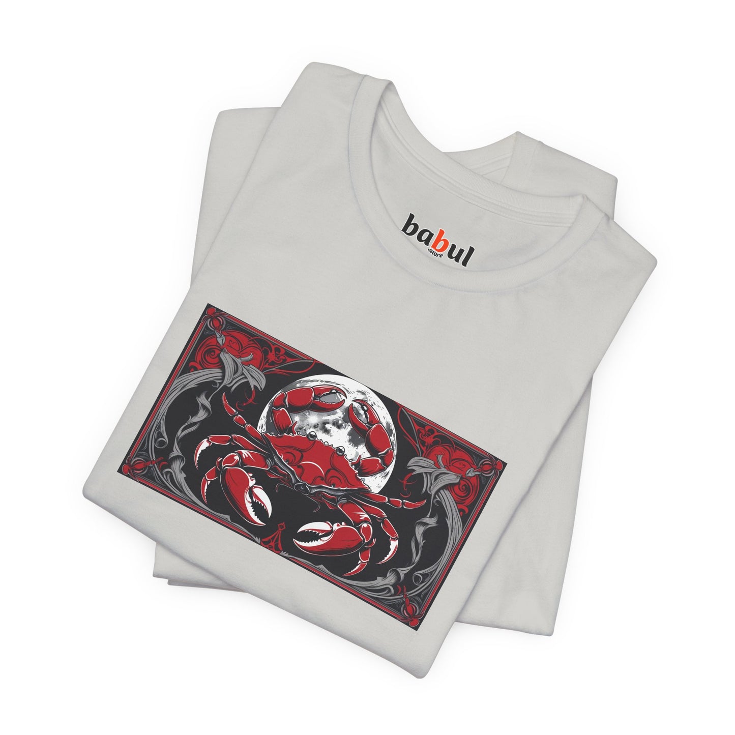 Cancer - Gothic Zodiac T-Shirt. Red graphic in front. Zodiac in the Shadows