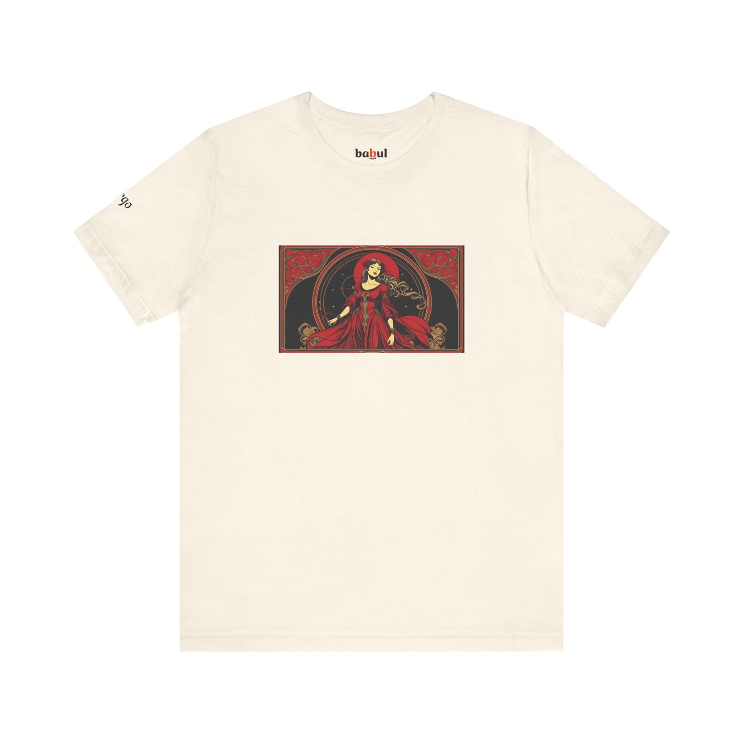 Virgo - Gothic Zodiac T-Shirt. Red graphic in front. Zodiac in the Shadows