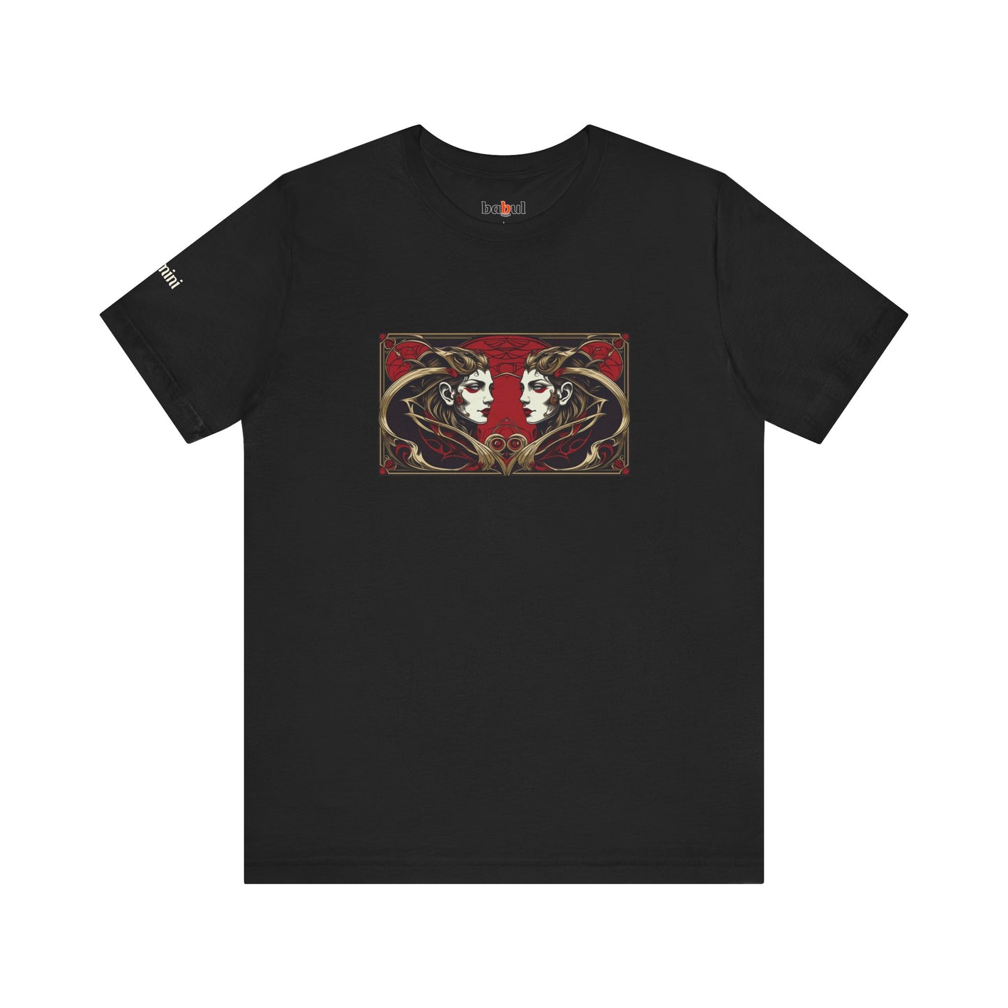 Gemini - Gothic Zodiac T-Shirt. Red graphic in front. Zodiac in the Shadows