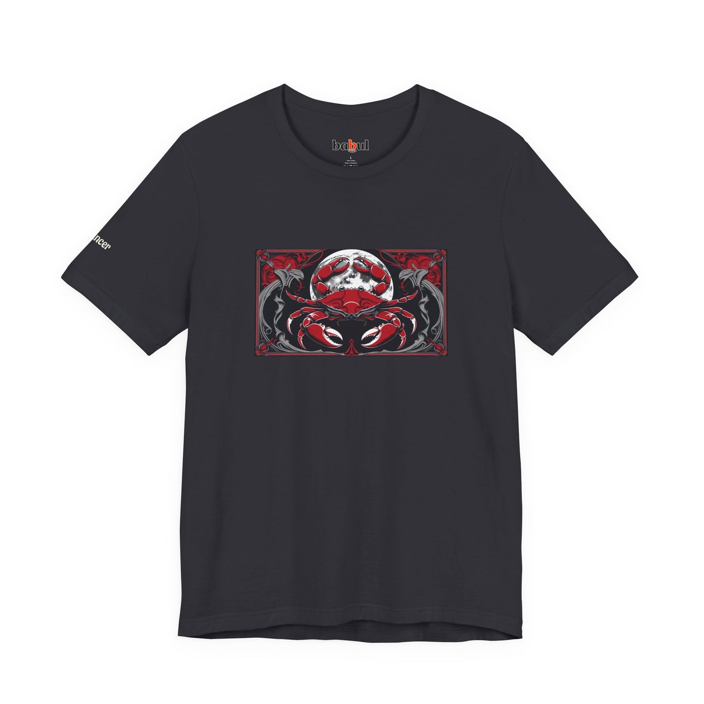Cancer - Gothic Zodiac T-Shirt. Red graphic in front. Zodiac in the Shadows
