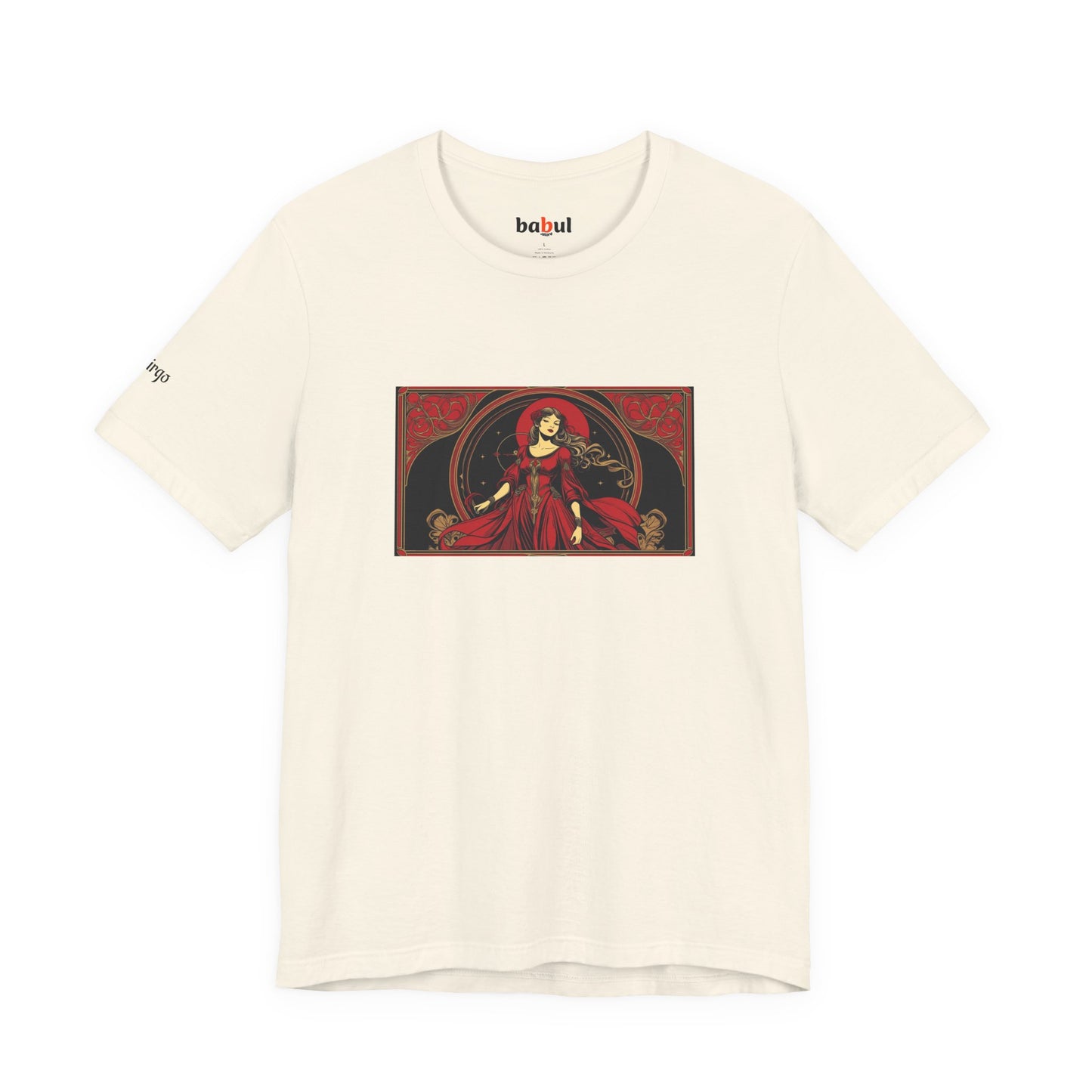 Virgo - Gothic Zodiac T-Shirt. Red graphic in front. Zodiac in the Shadows