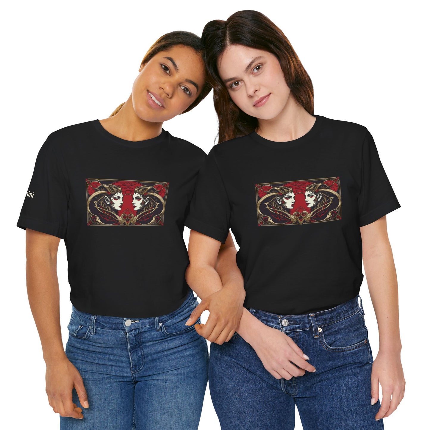Gemini - Gothic Zodiac T-Shirt. Red graphic in front. Zodiac in the Shadows