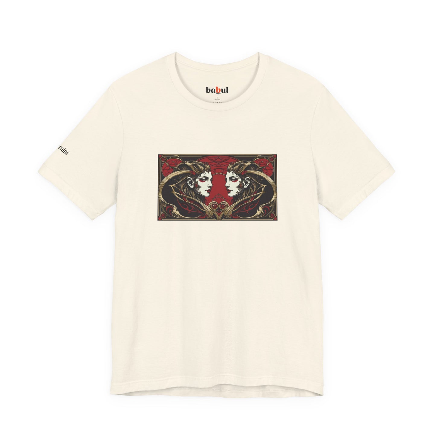 Gemini - Gothic Zodiac T-Shirt. Red graphic in front. Zodiac in the Shadows