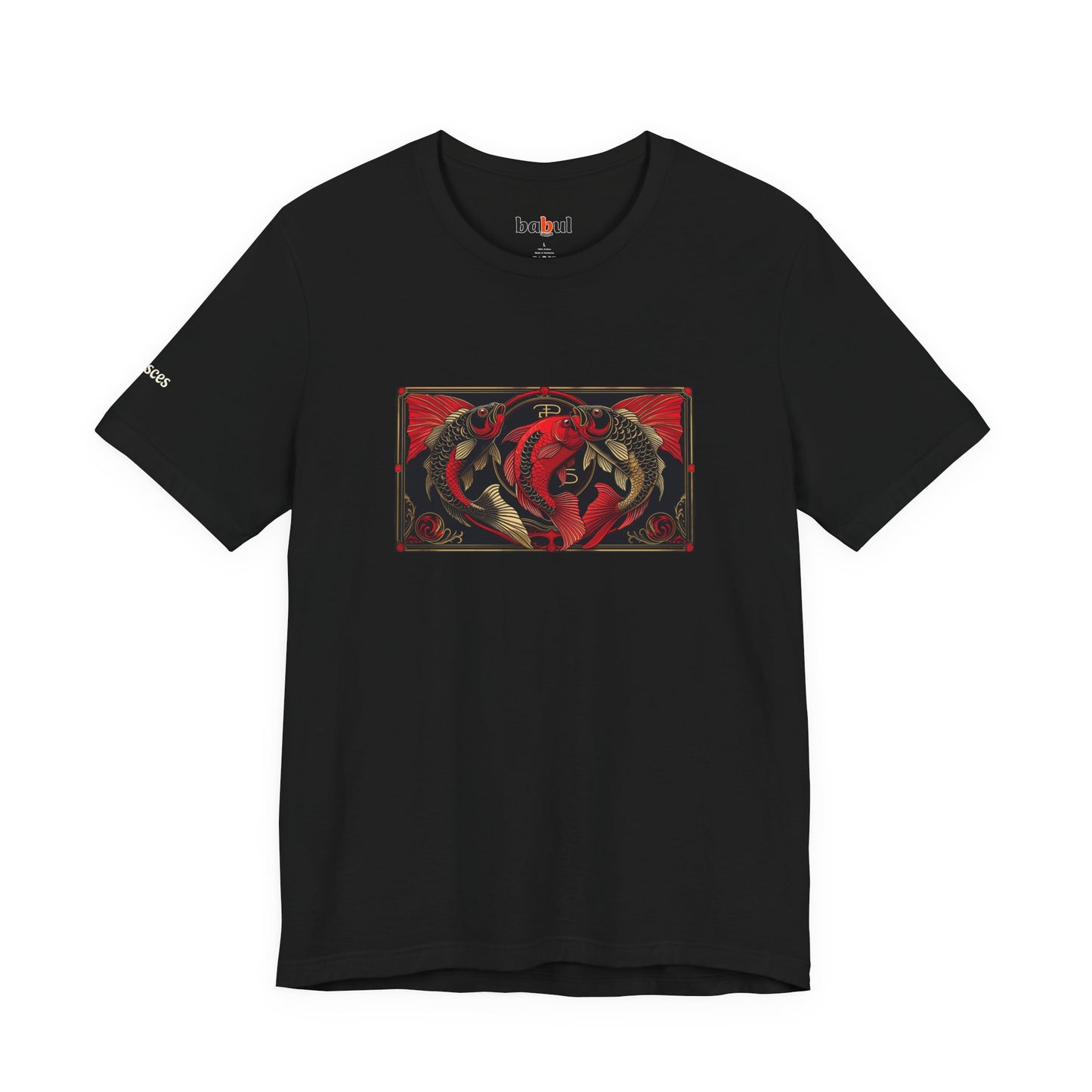 Pisces - Gothic Zodiac T-Shirt. Red graphic in front. Zodiac in the Shadows