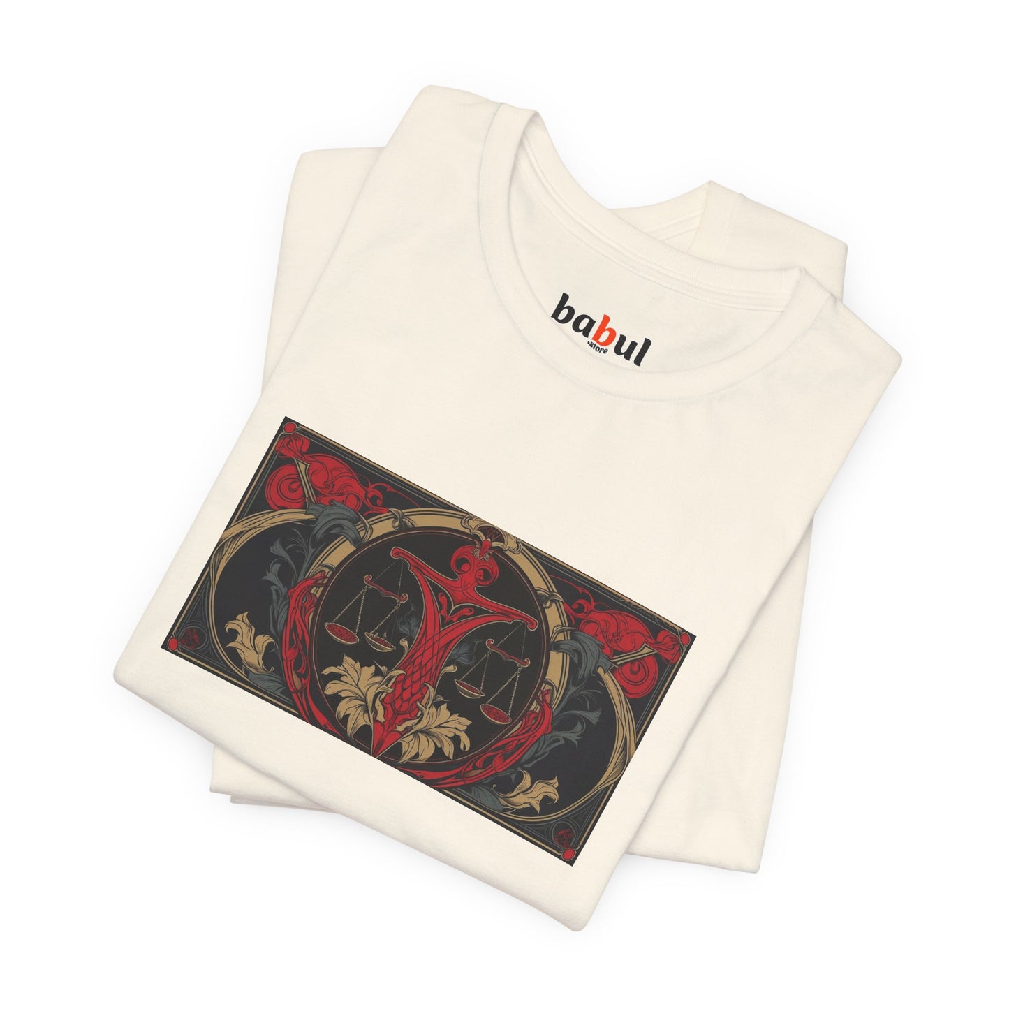 Libra - Gothic Zodiac T-Shirt. Red graphic in front. Zodiac in the Shadows