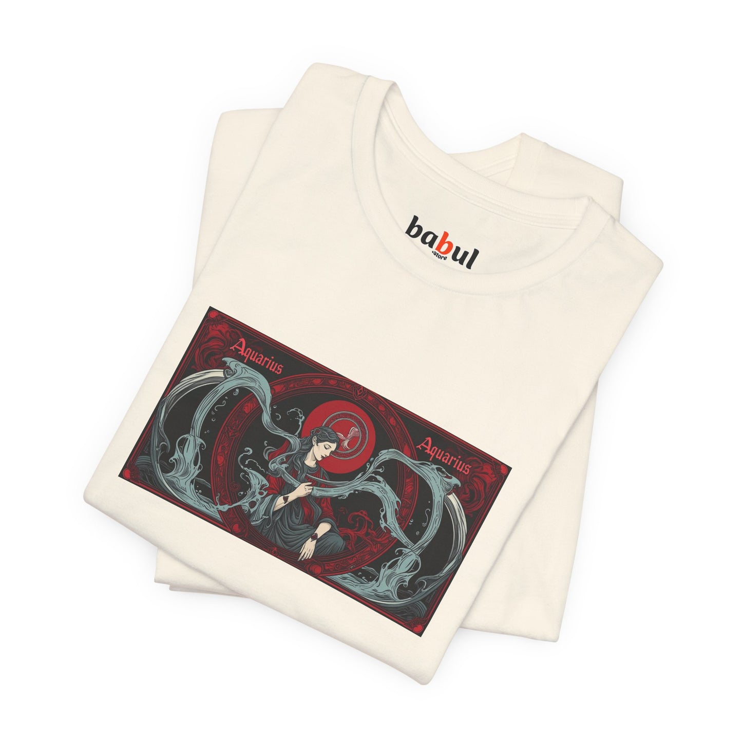 Aquarius - Gothic Zodiac T-Shirt. Red graphic in front. Zodiac in the Shadows