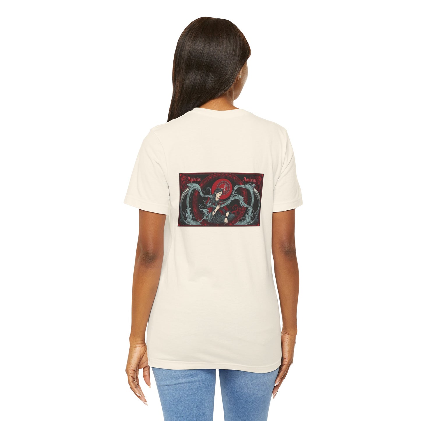 Aquarius - Gothic Zodiac, Red Graphic on the back T-Shirt. Zodiac in the Shadows