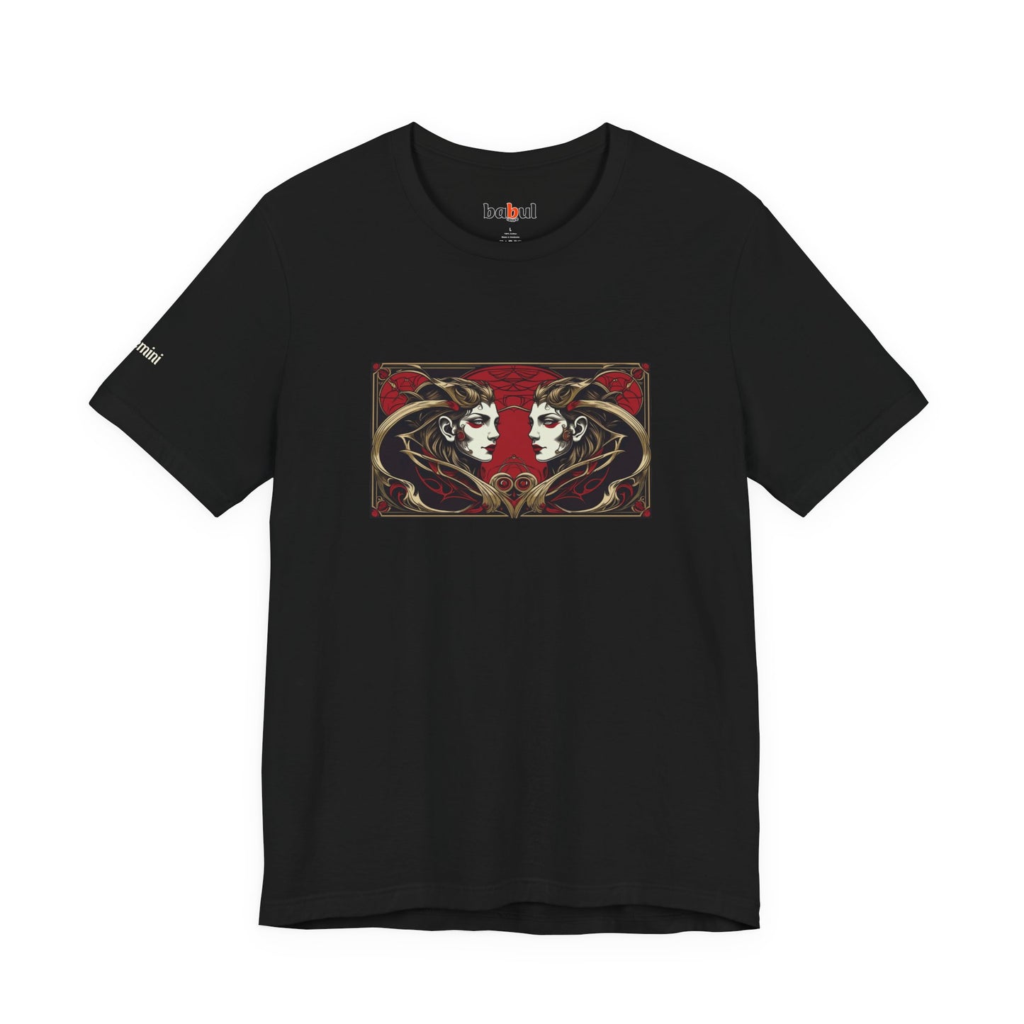 Gemini - Gothic Zodiac T-Shirt. Red graphic in front. Zodiac in the Shadows