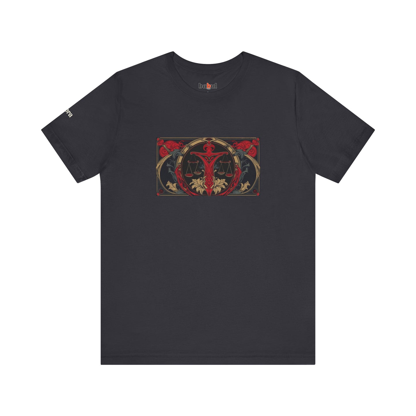 Libra - Gothic Zodiac T-Shirt. Red graphic in front. Zodiac in the Shadows