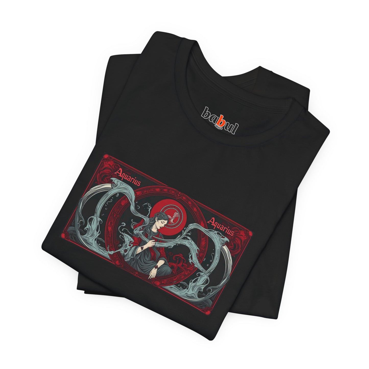 Aquarius - Gothic Zodiac T-Shirt. Red graphic in front. Zodiac in the Shadows