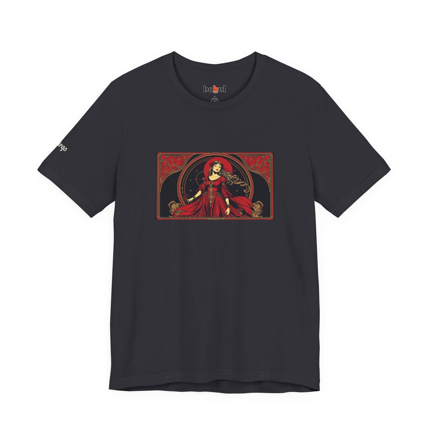 Virgo - Gothic Zodiac T-Shirt. Red graphic in front. Zodiac in the Shadows