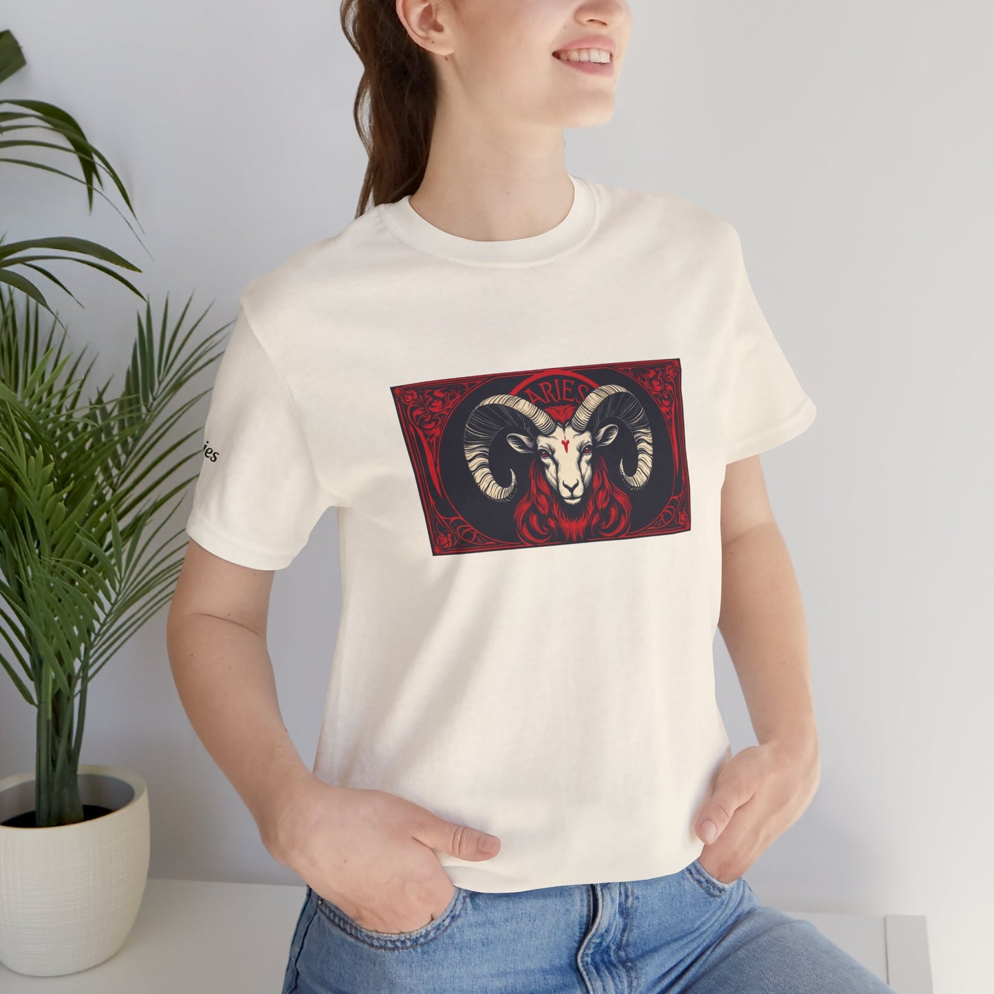 Aries - Gothic Zodiac T-Shirt. Red graphic in front. Zodiac in the Shadows