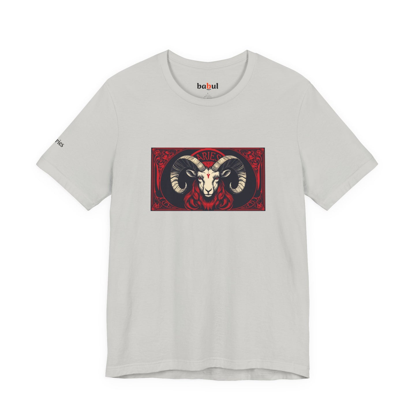 Aries - Gothic Zodiac T-Shirt. Red graphic in front. Zodiac in the Shadows