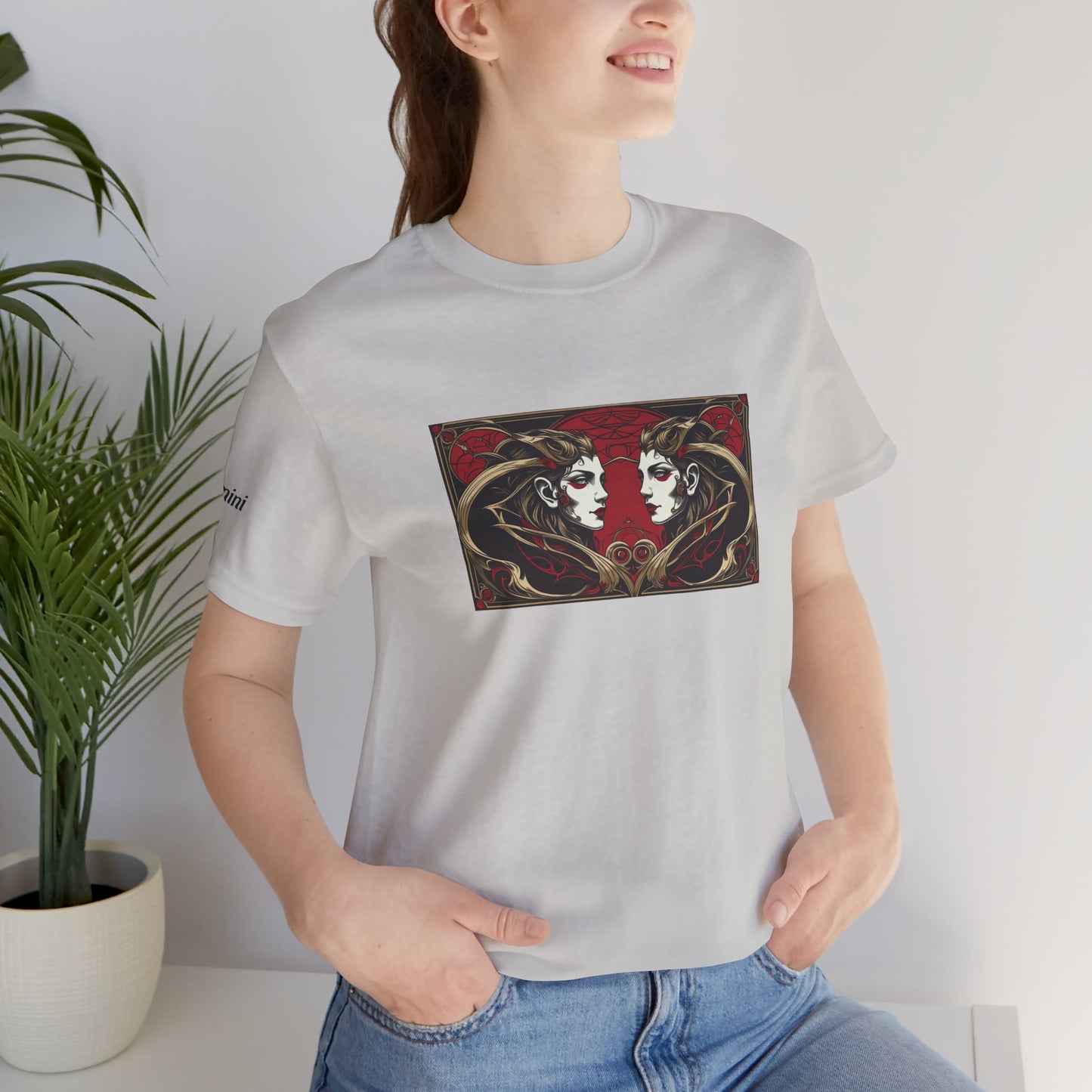 Gemini - Gothic Zodiac T-Shirt. Red graphic in front. Zodiac in the Shadows