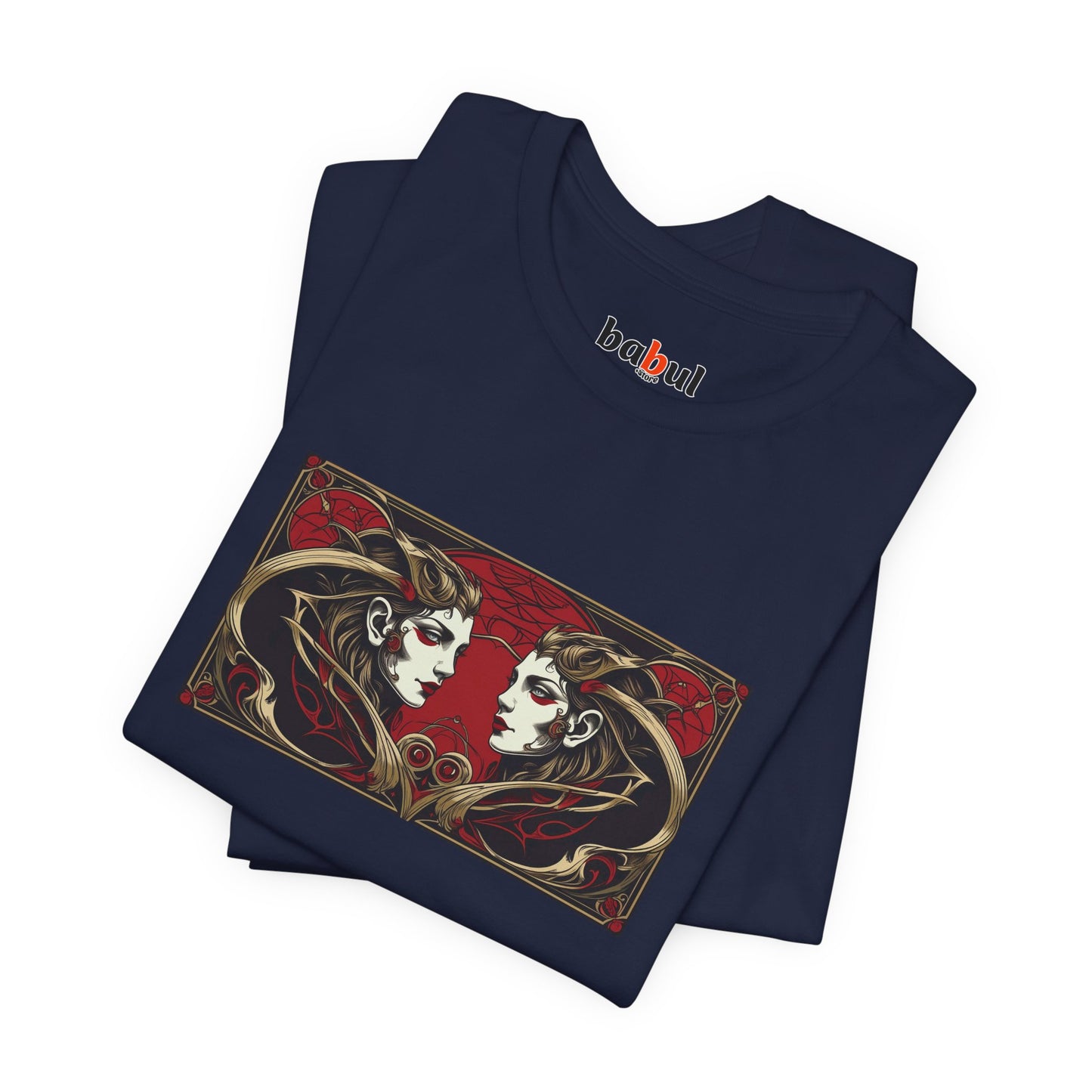 Gemini - Gothic Zodiac T-Shirt. Red graphic in front. Zodiac in the Shadows