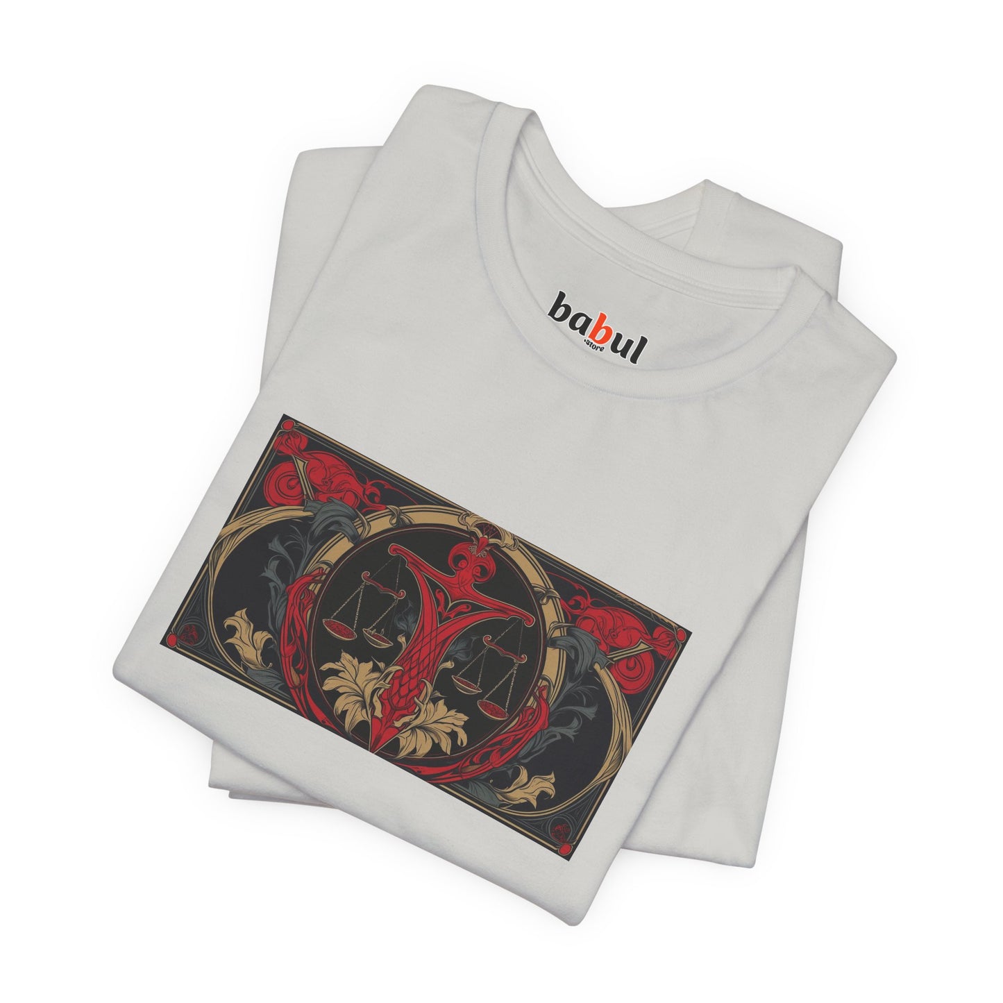 Libra - Gothic Zodiac T-Shirt. Red graphic in front. Zodiac in the Shadows