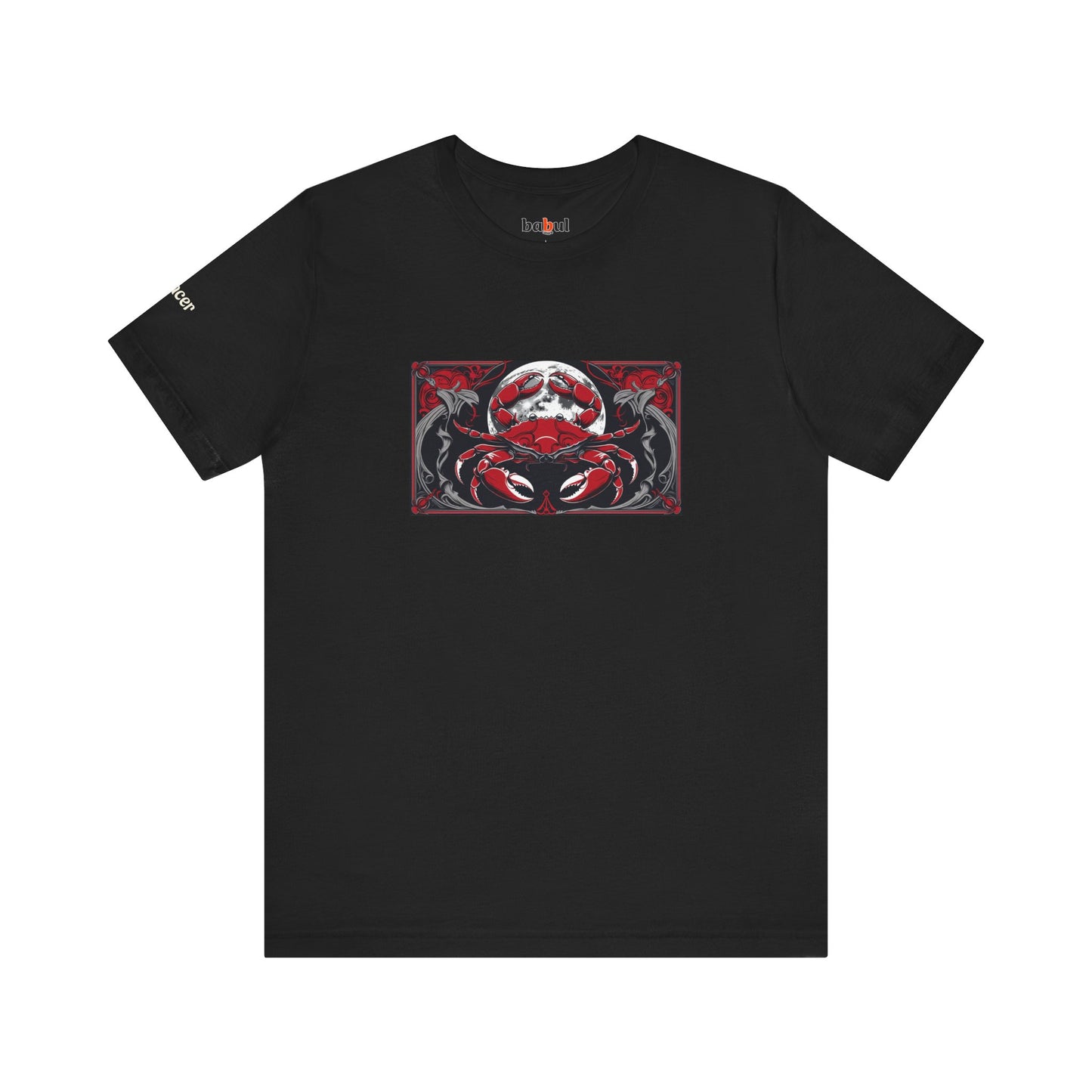 Cancer - Gothic Zodiac T-Shirt. Red graphic in front. Zodiac in the Shadows