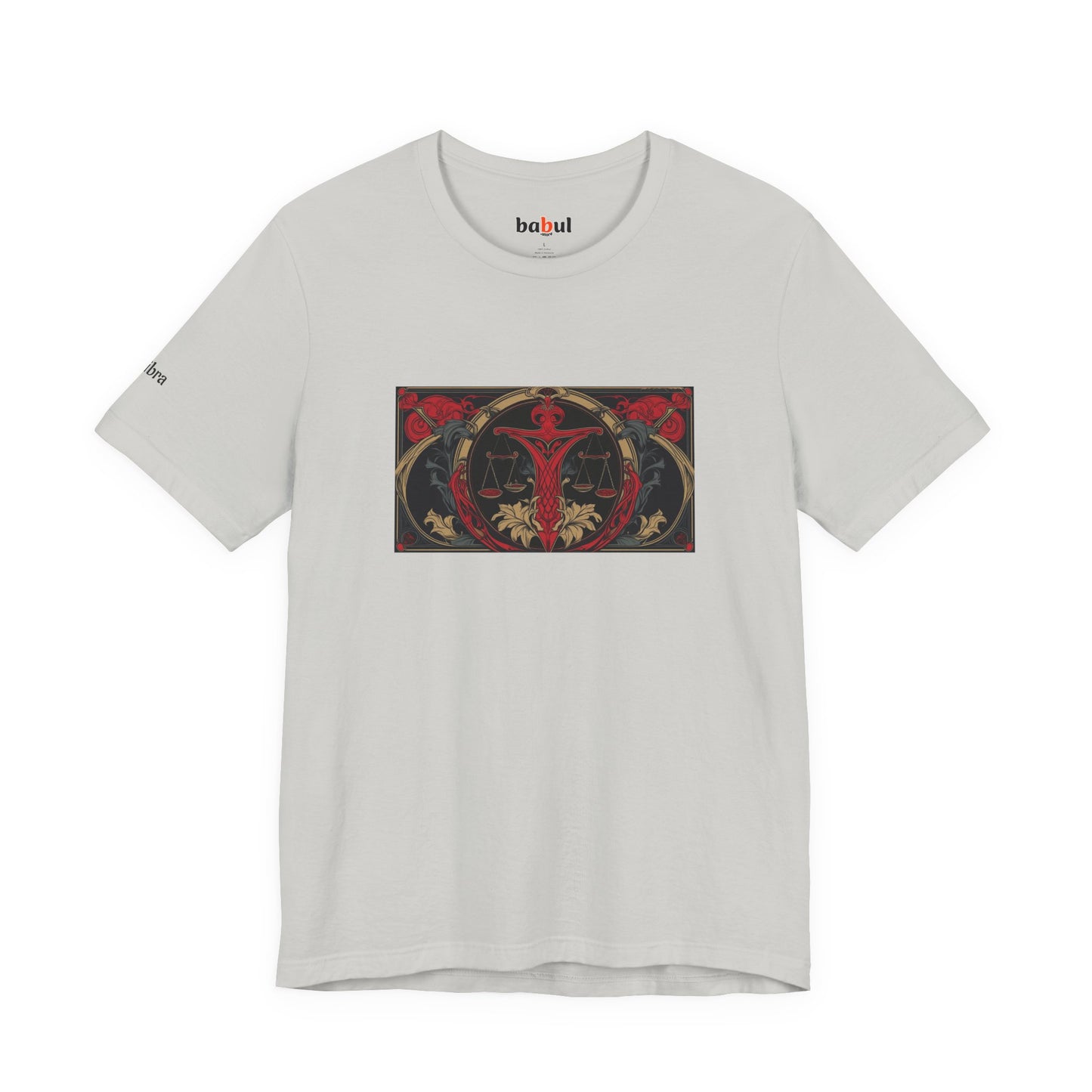 Libra - Gothic Zodiac T-Shirt. Red graphic in front. Zodiac in the Shadows