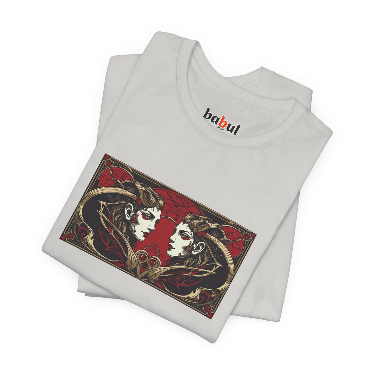 Gemini - Gothic Zodiac T-Shirt. Red graphic in front. Zodiac in the Shadows