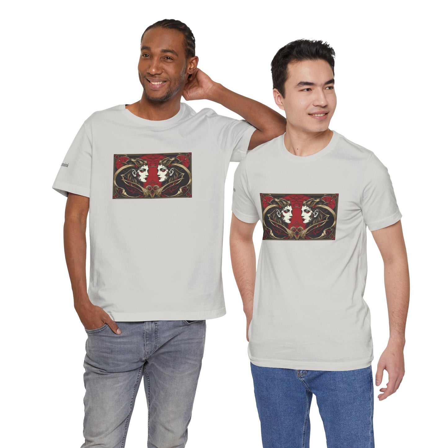 Gemini - Gothic Zodiac T-Shirt. Red graphic in front. Zodiac in the Shadows