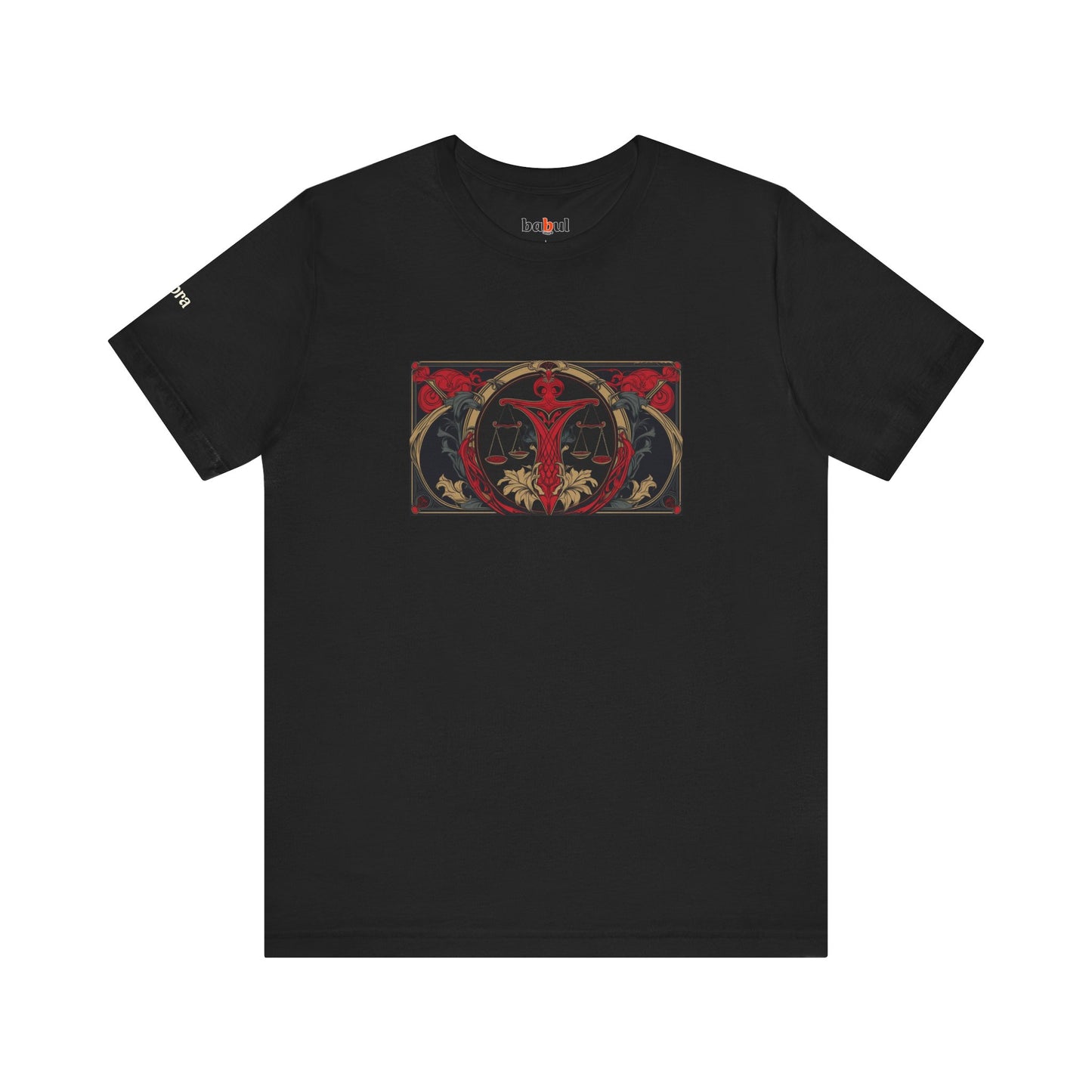 Libra - Gothic Zodiac T-Shirt. Red graphic in front. Zodiac in the Shadows