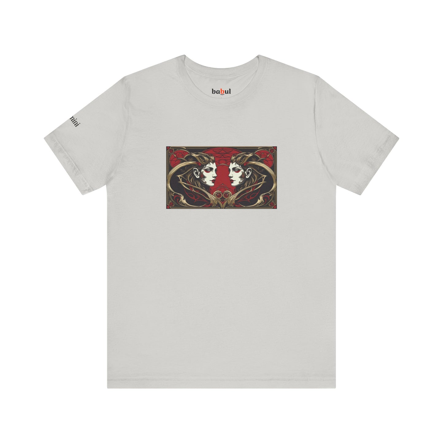 Gemini - Gothic Zodiac T-Shirt. Red graphic in front. Zodiac in the Shadows