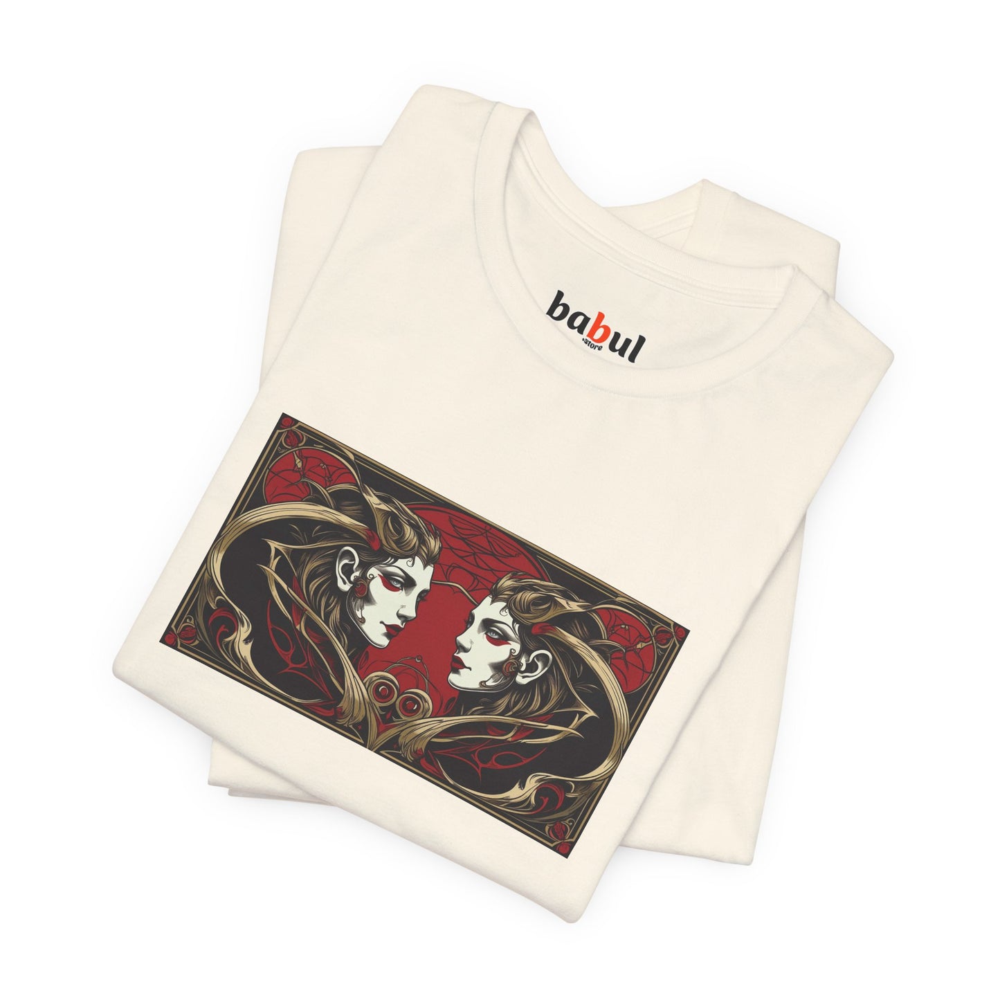Gemini - Gothic Zodiac T-Shirt. Red graphic in front. Zodiac in the Shadows