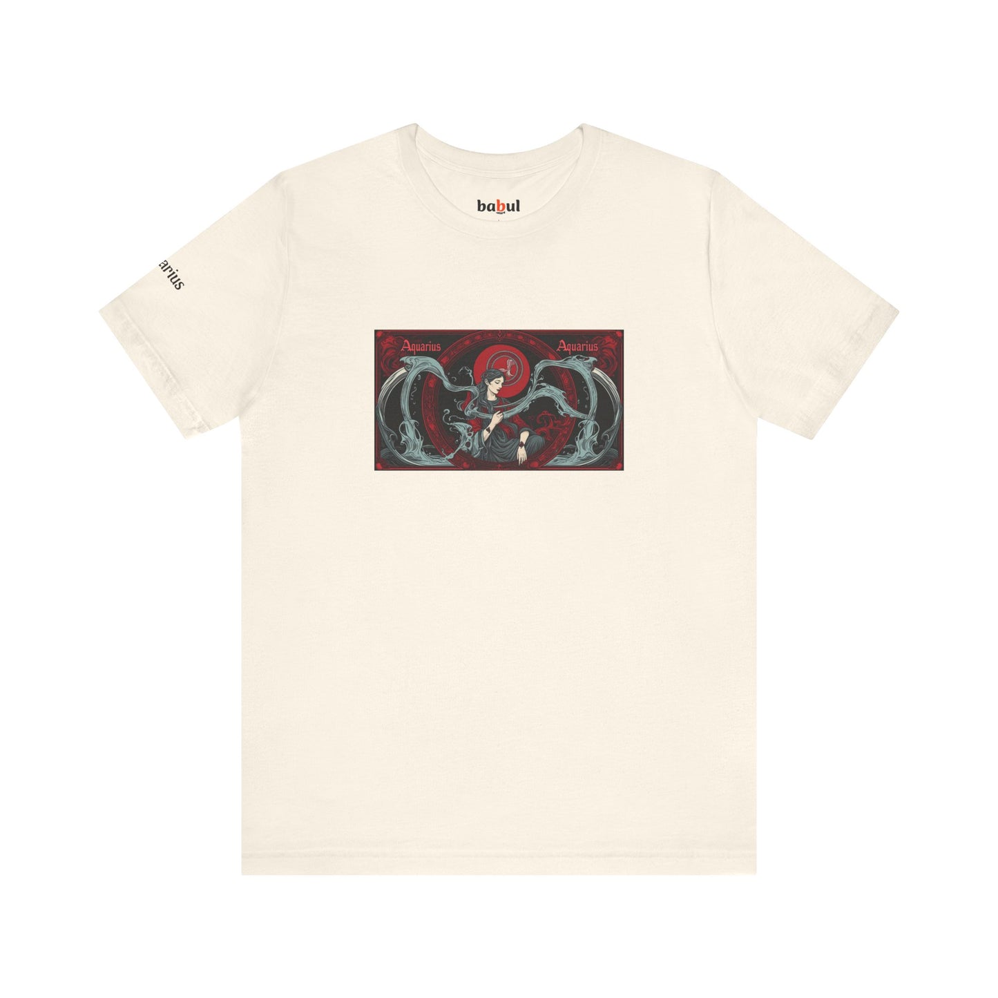 Aquarius - Gothic Zodiac T-Shirt. Red graphic in front. Zodiac in the Shadows