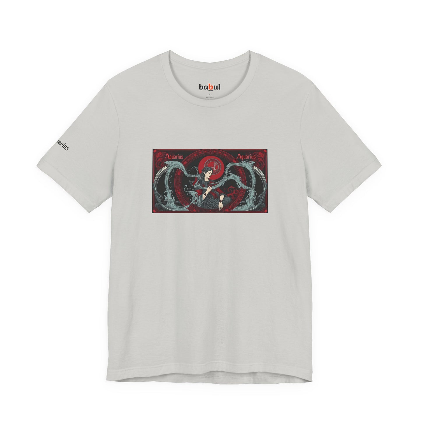 Aquarius - Gothic Zodiac T-Shirt. Red graphic in front. Zodiac in the Shadows