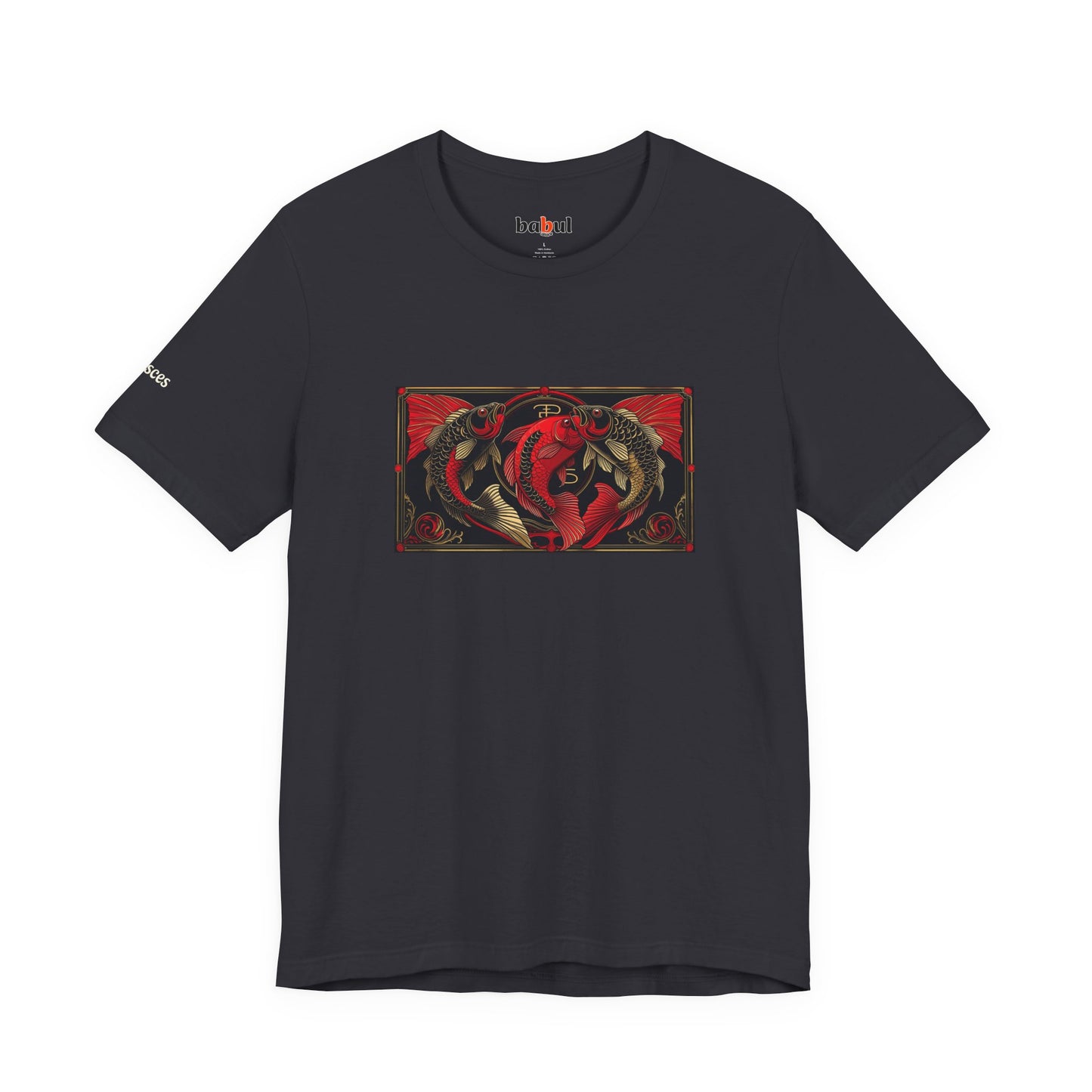 Pisces - Gothic Zodiac T-Shirt. Red graphic in front. Zodiac in the Shadows