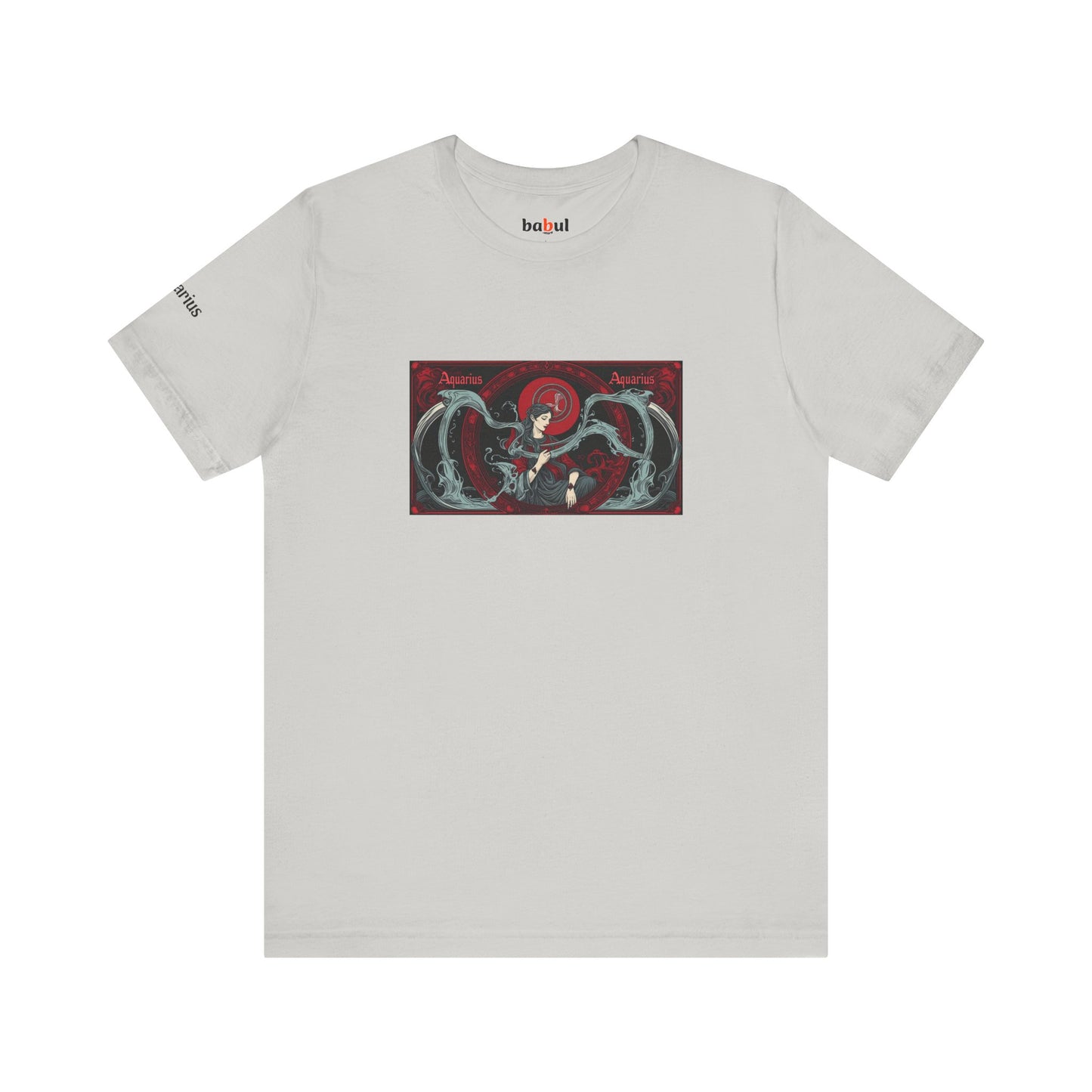 Aquarius - Gothic Zodiac T-Shirt. Red graphic in front. Zodiac in the Shadows