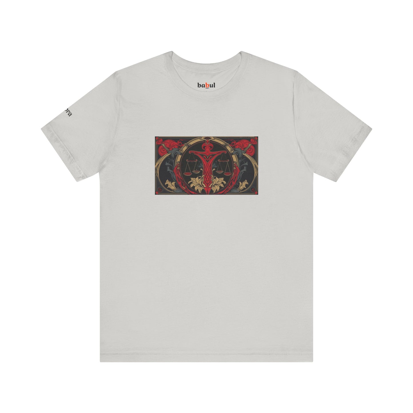 Libra - Gothic Zodiac T-Shirt. Red graphic in front. Zodiac in the Shadows