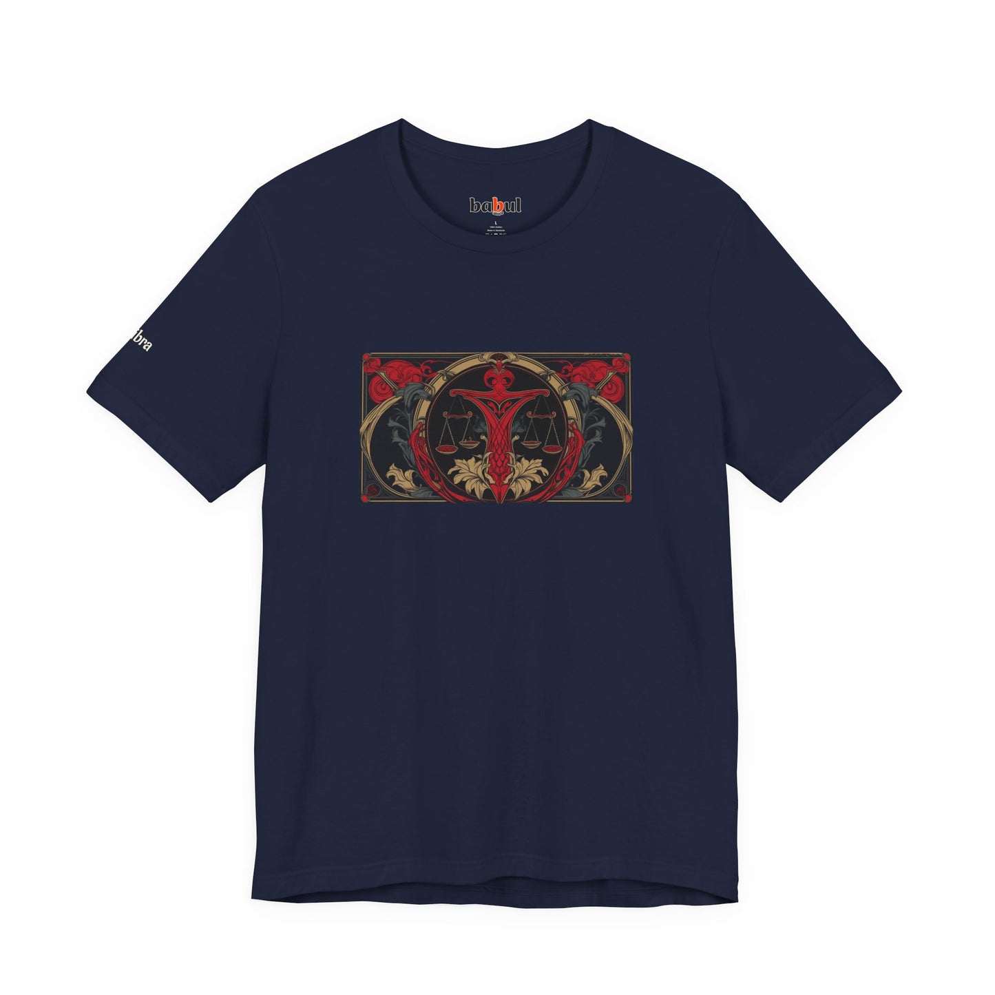 Libra - Gothic Zodiac T-Shirt. Red graphic in front. Zodiac in the Shadows